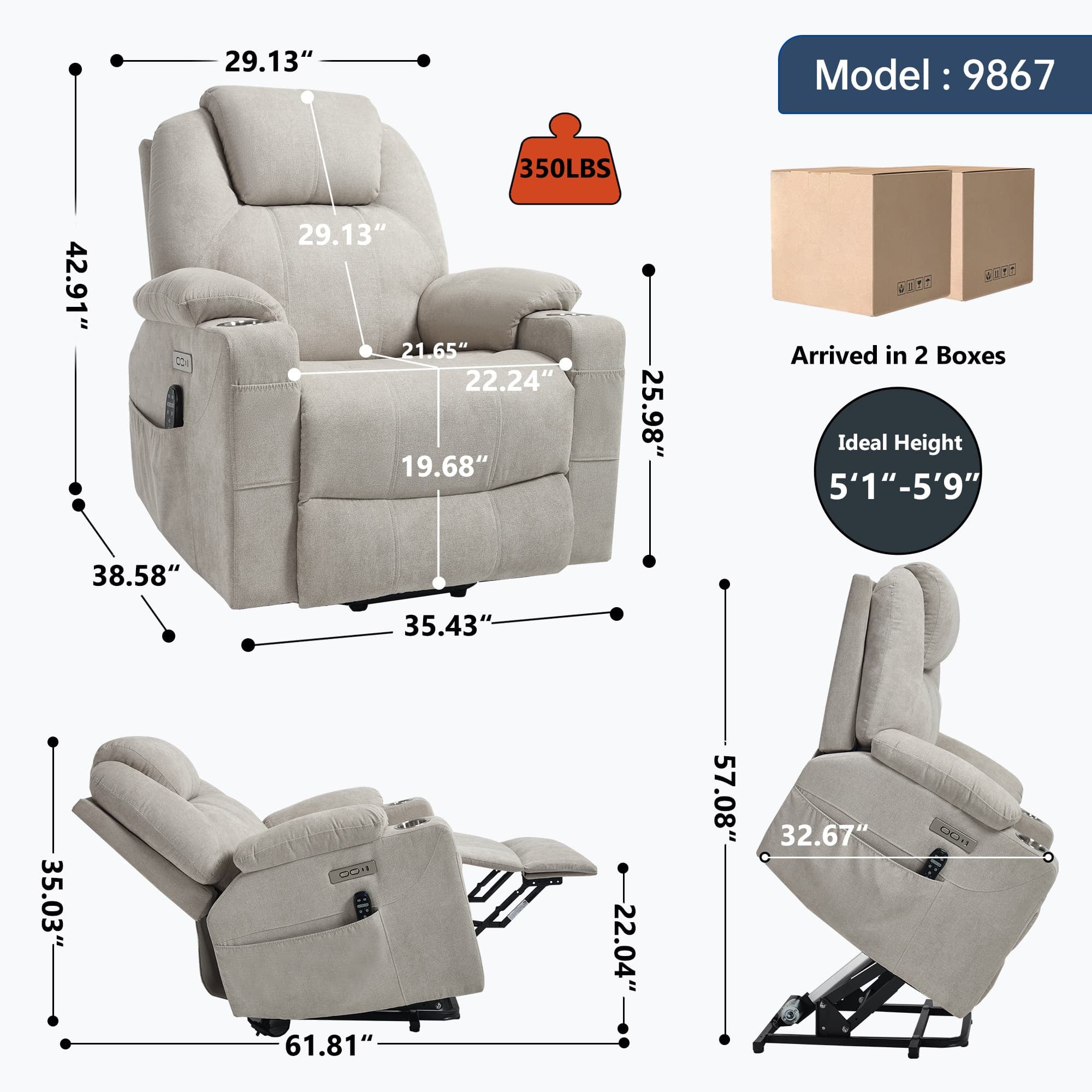 Power Lift Electric Massage Heat USB Recliner Chair