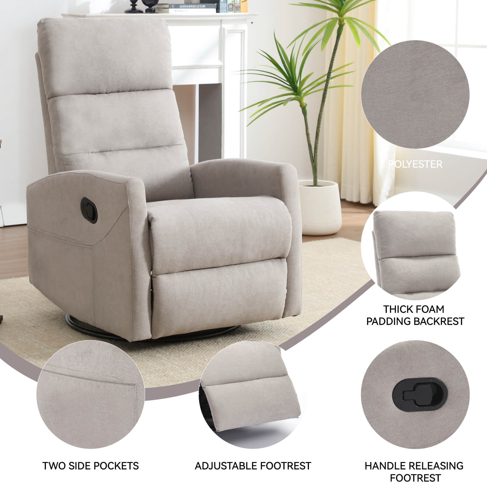 Polyester Fabric Modern Manual Swivel Rocker Recliner Chair