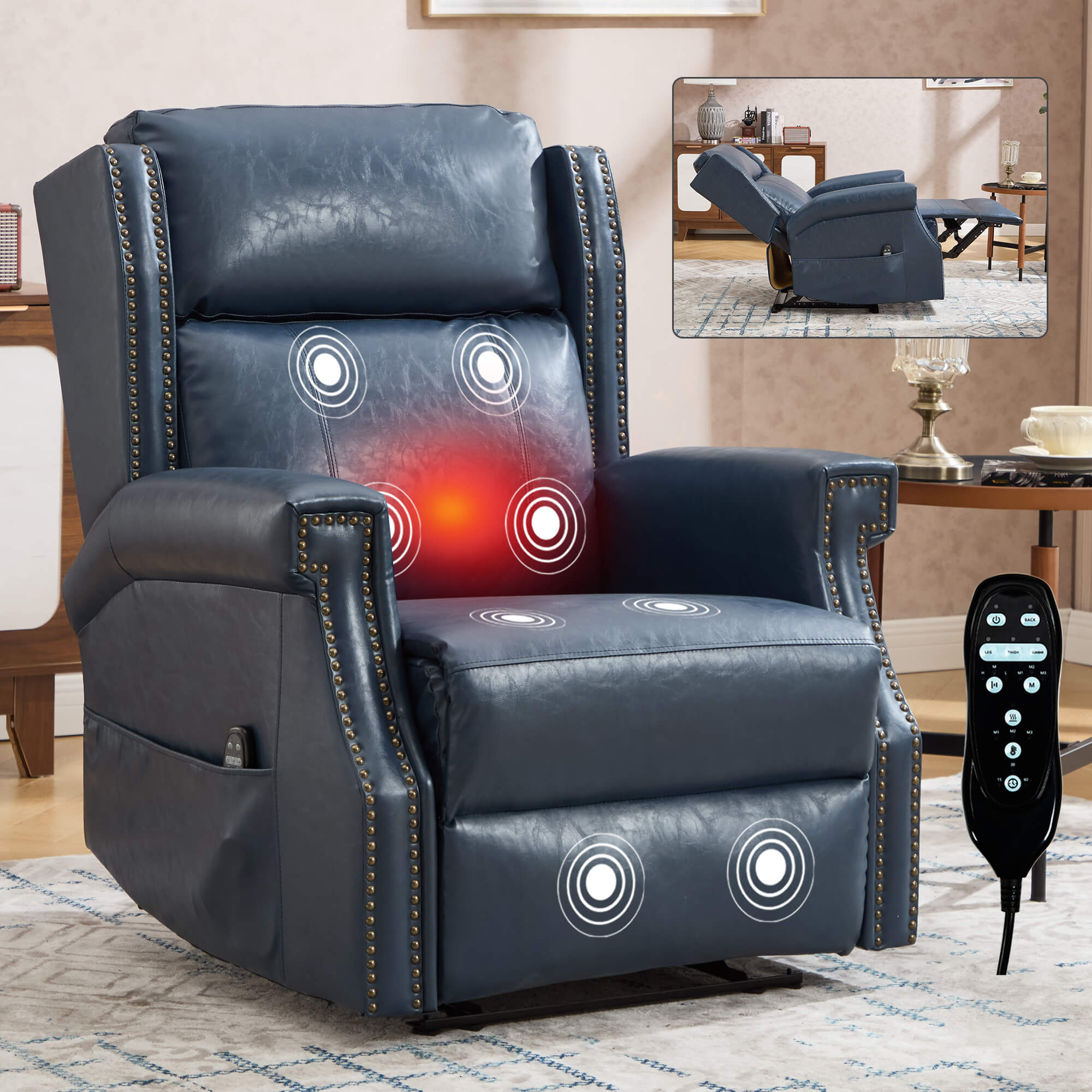 Waxed Faux Leather Massage Heat Modern Manual Recliner Chair