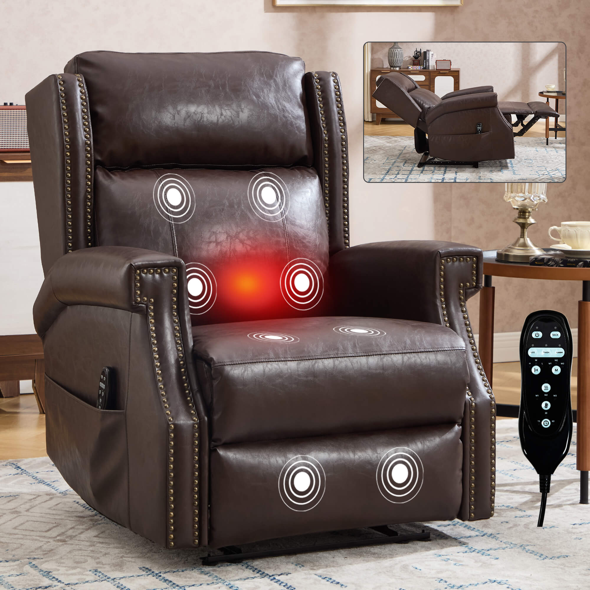 Waxed Faux Leather Massage Heat Modern Manual Recliner Chair