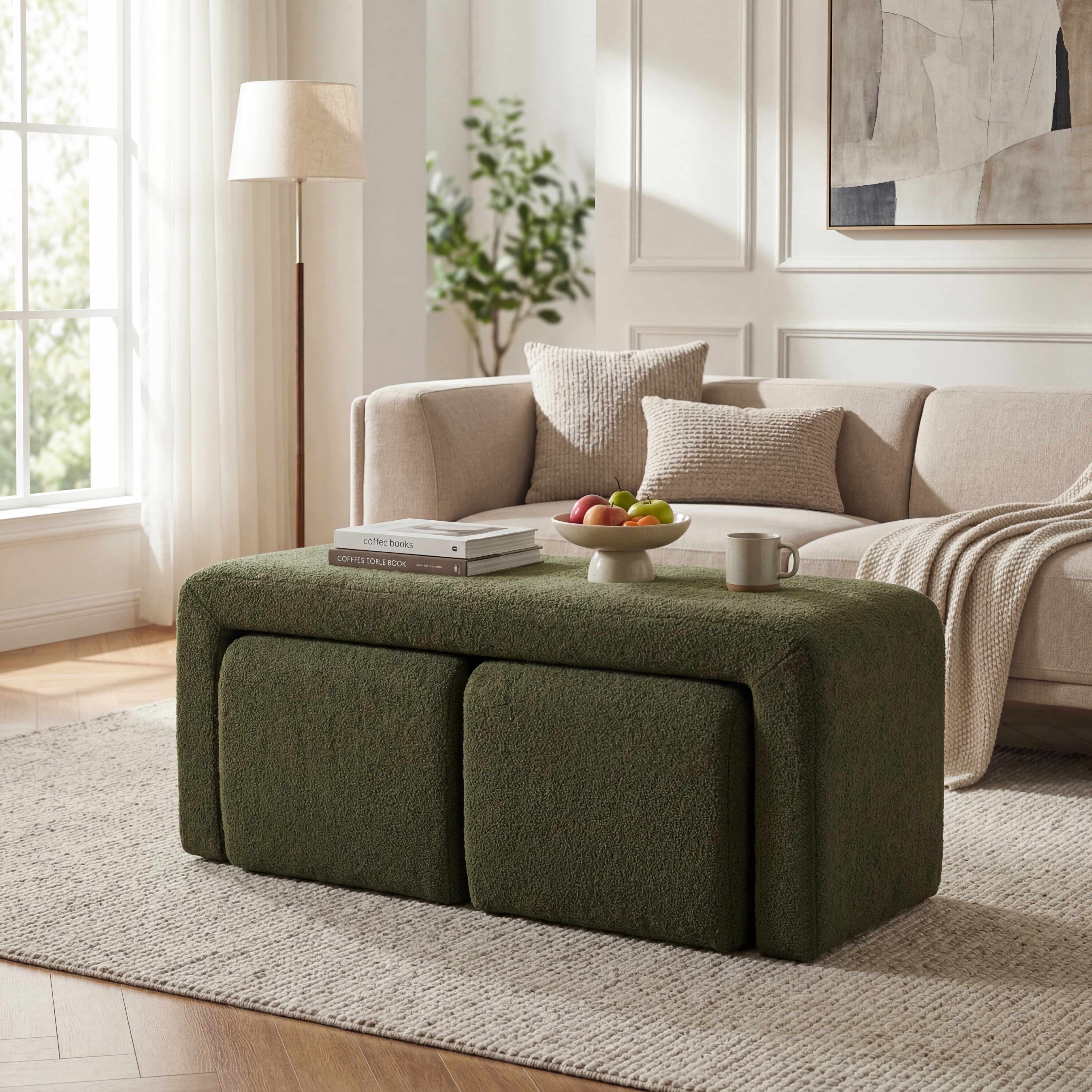 Modern Boucle Bench White Sherpa Ottoman Bench Set of 3 - 1819