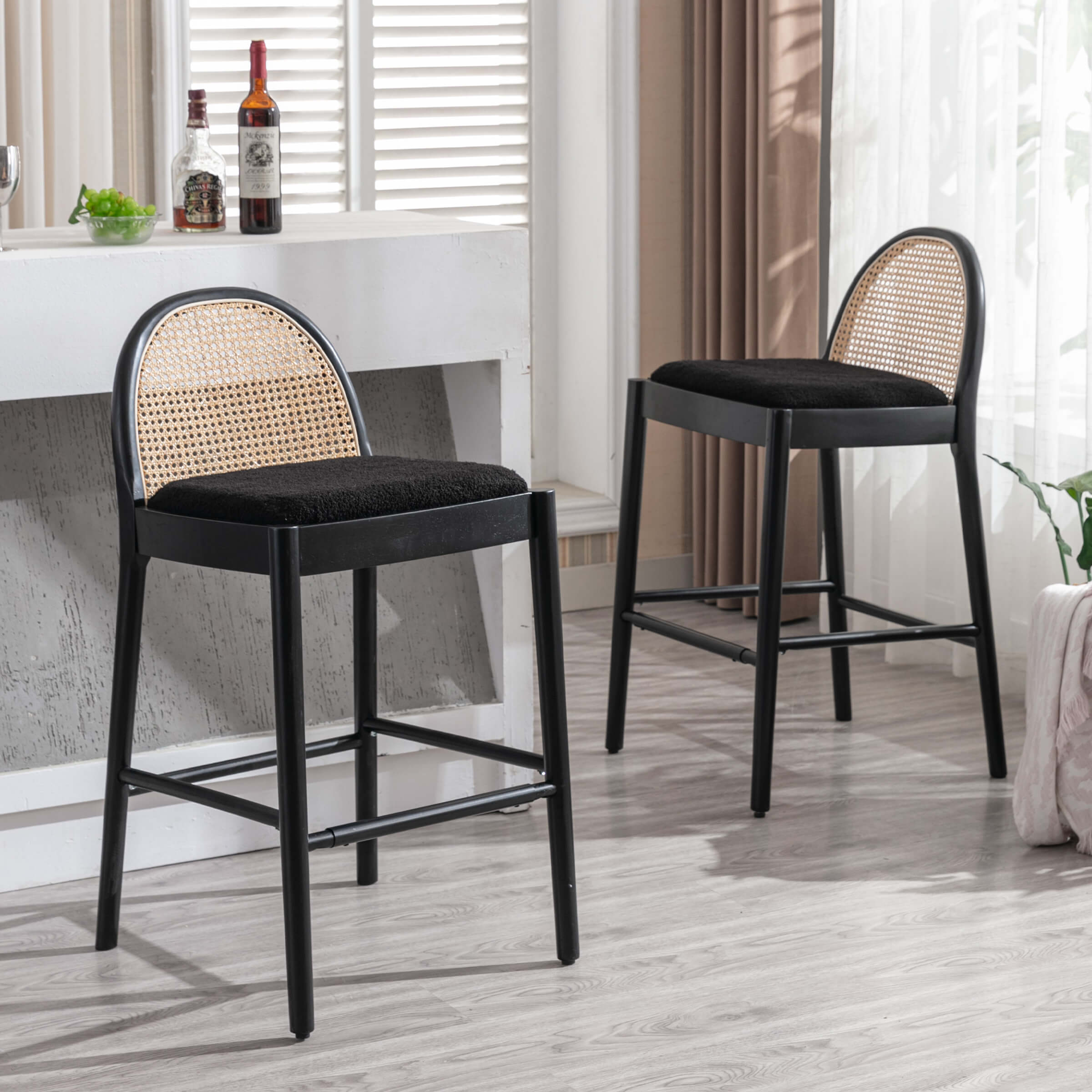 Kmax 26"H & 30"H Rattan Backrest Wooden Legs Counter Height Stools Set of 2 - 5696CS