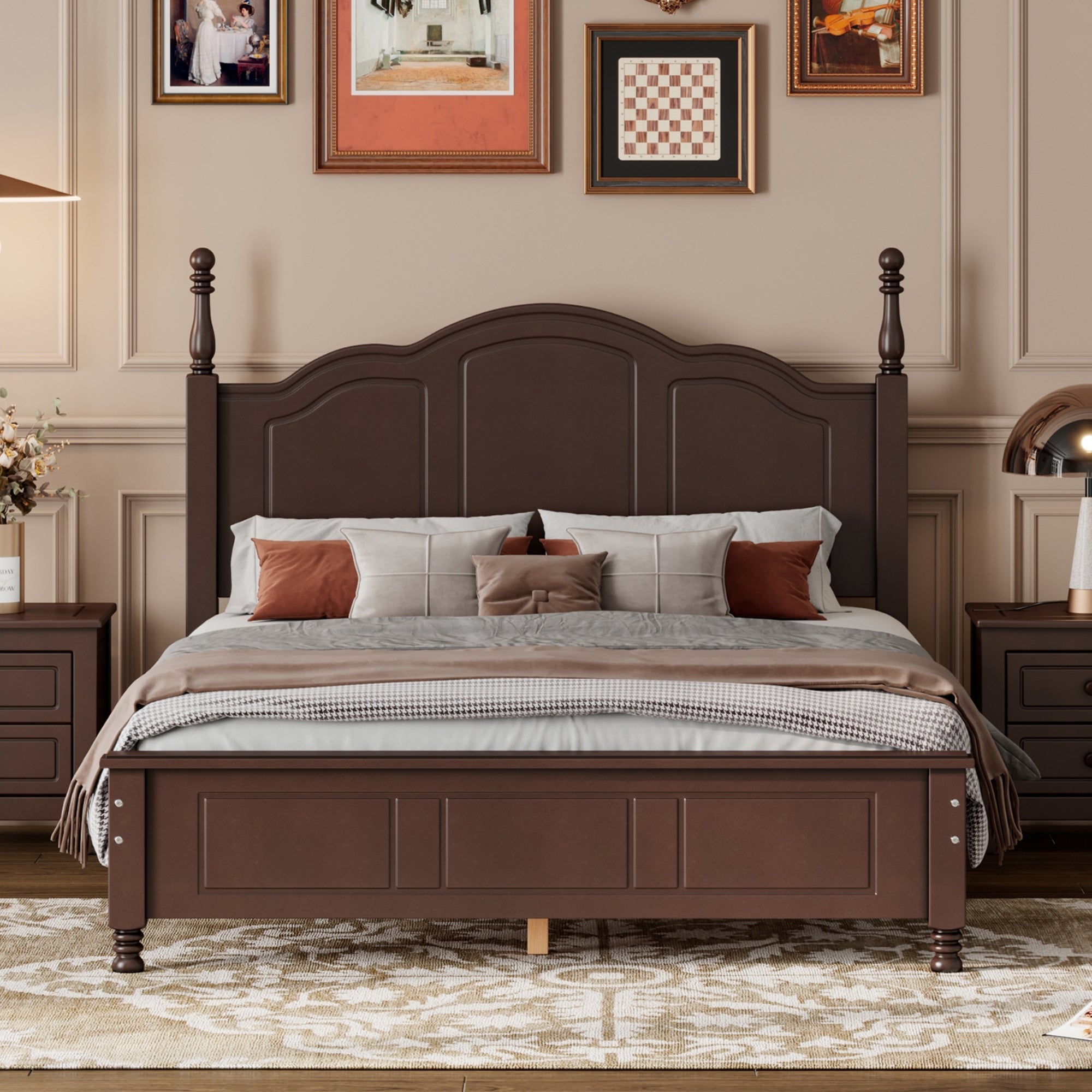 Mid-Century Dark Walnut Bed Frame with Retro Wave Headboard