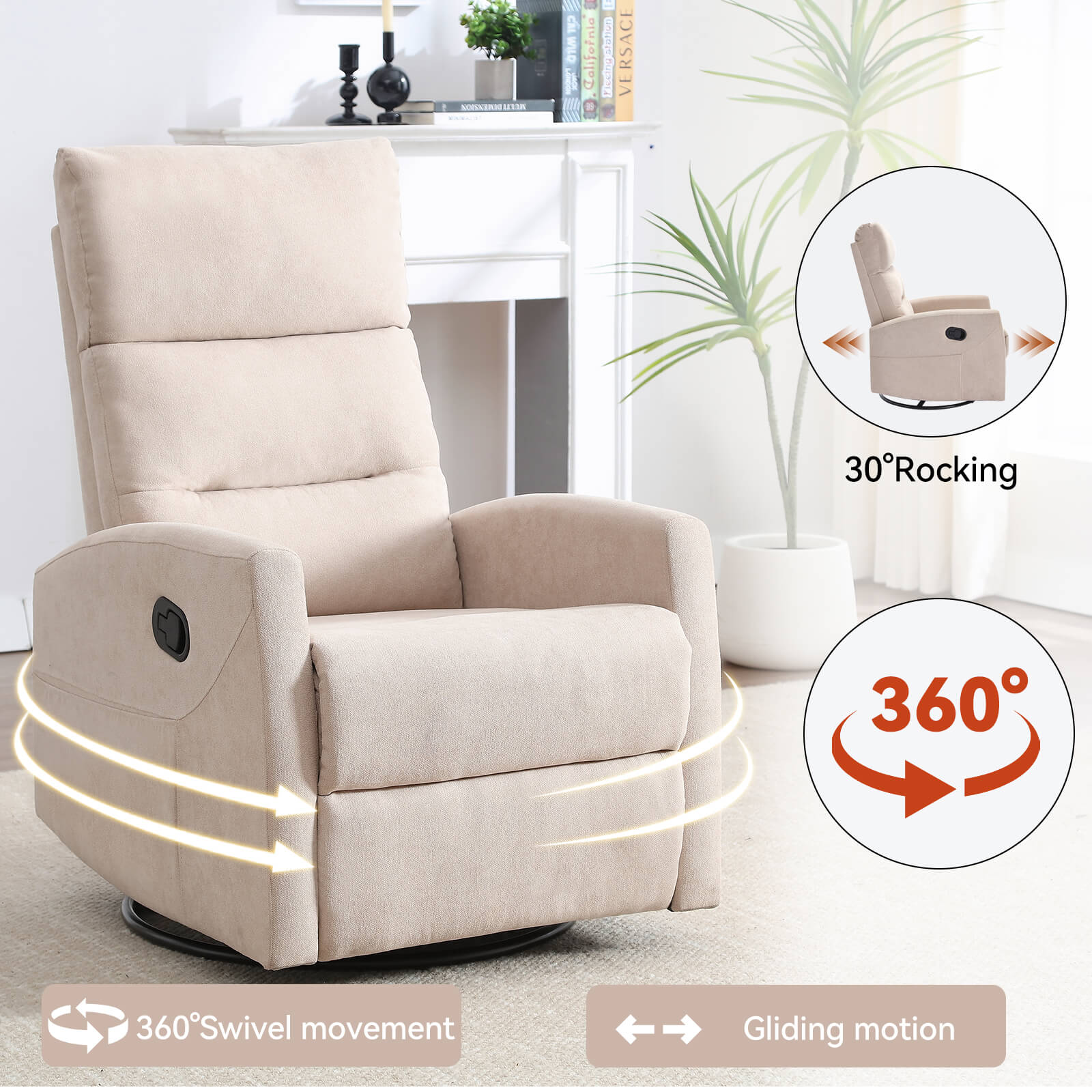 Modern Polyester Fabric Manual 360 Swivel Rocker Recliner Chair
