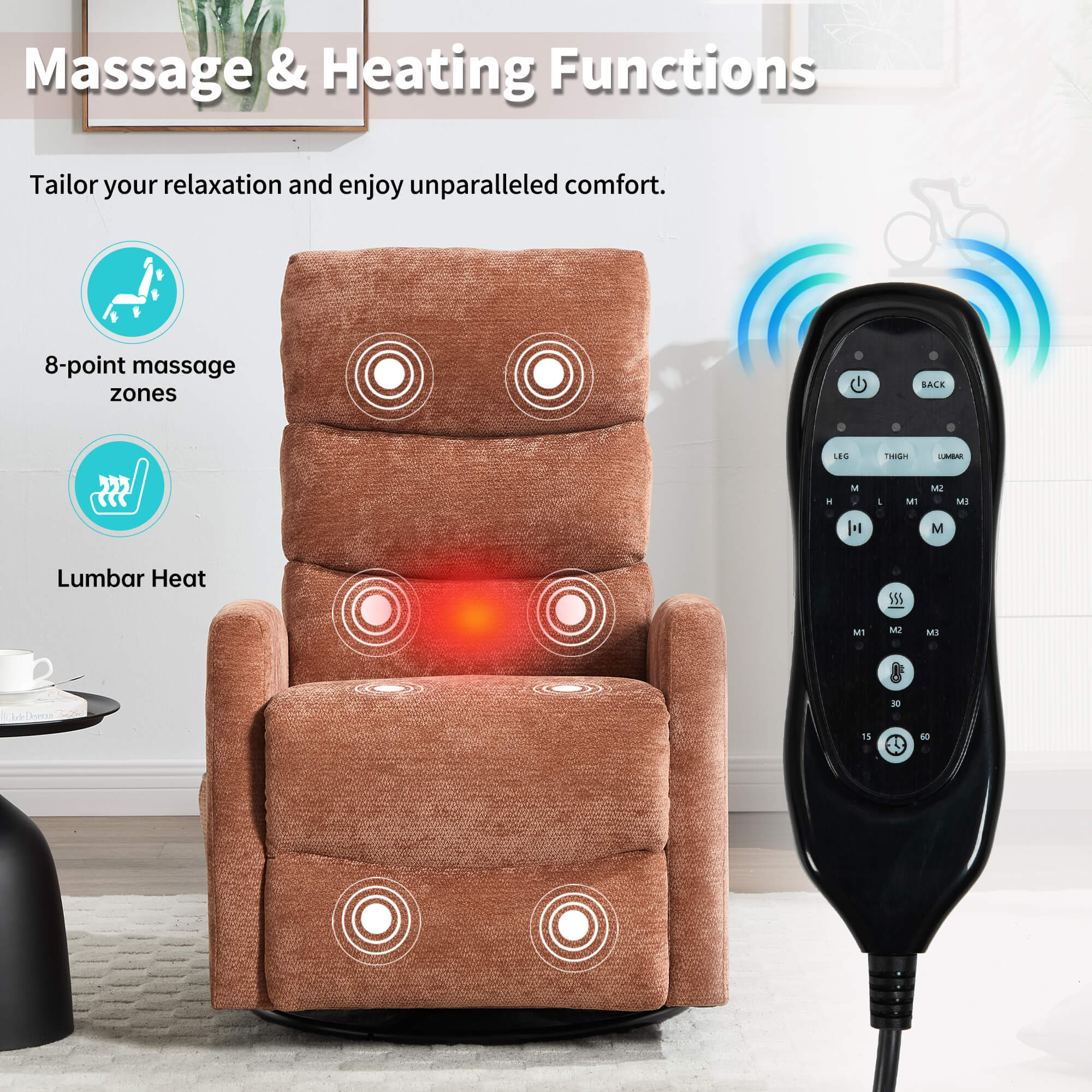 Modern Chenille Heat Massage Rocker Swivel Recliner Chair