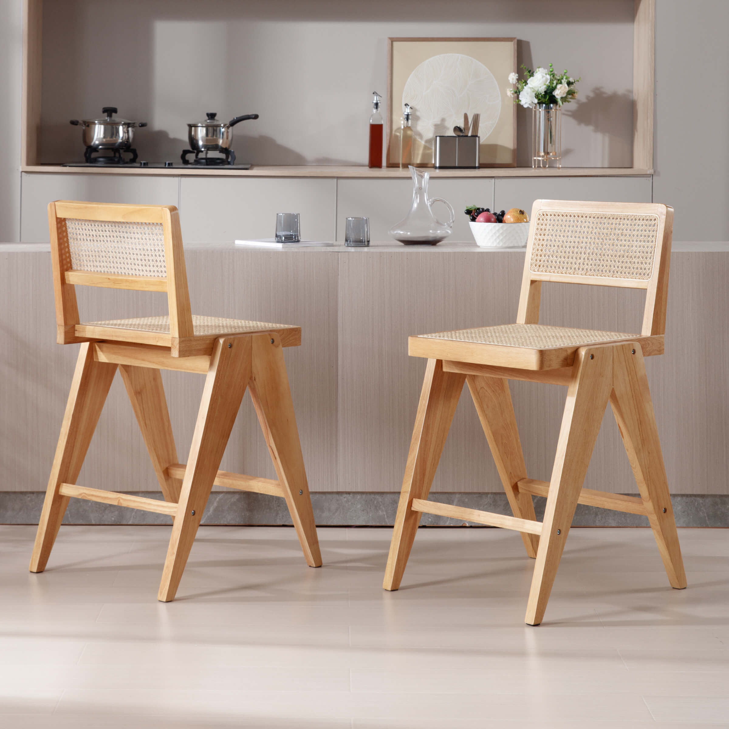 Janoray 26"H Rattan Back Wood Counte Stools Set of 2 - 5760CS