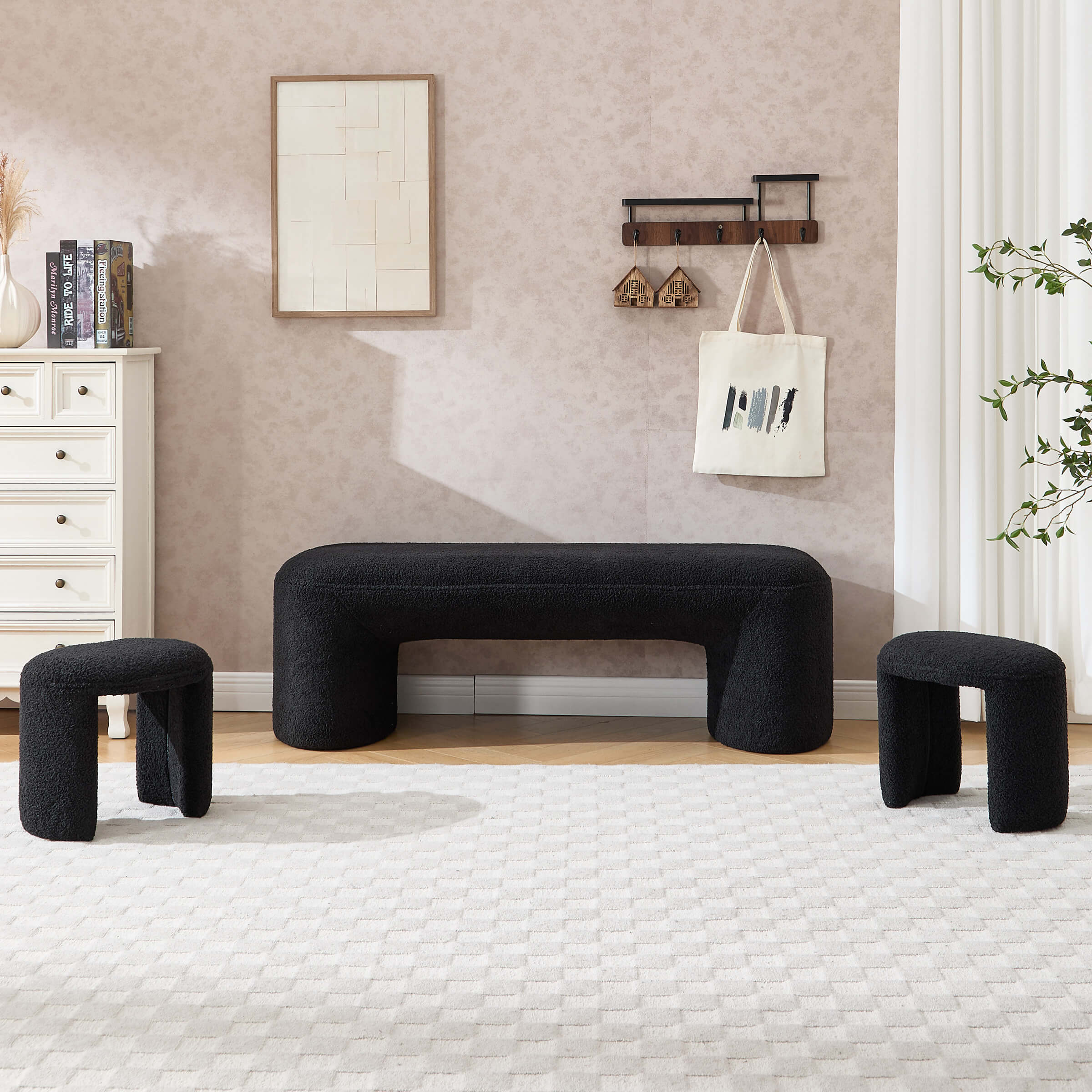 ZH4YOU 53"W Bedroom Bench with 2 Small Stools - 2653BH