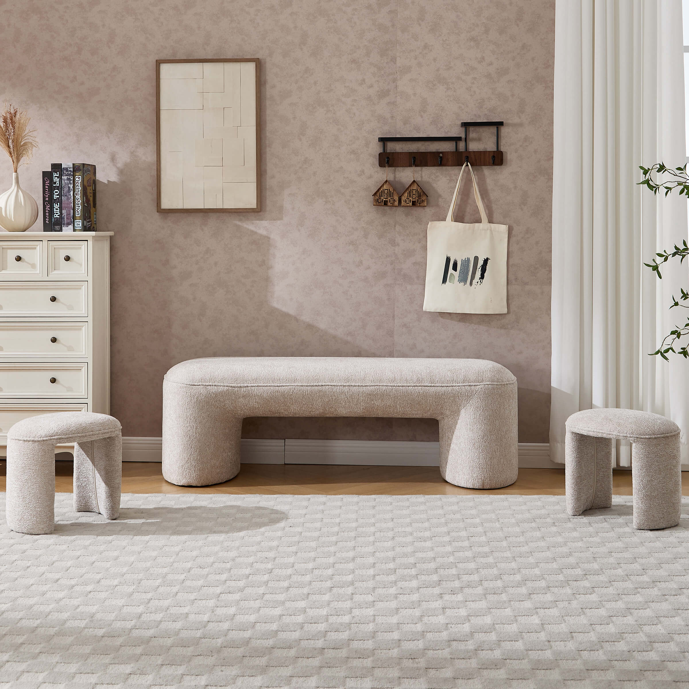 ZH4YOU 53"W Bedroom Bench with 2 Small Stools - 2653BH