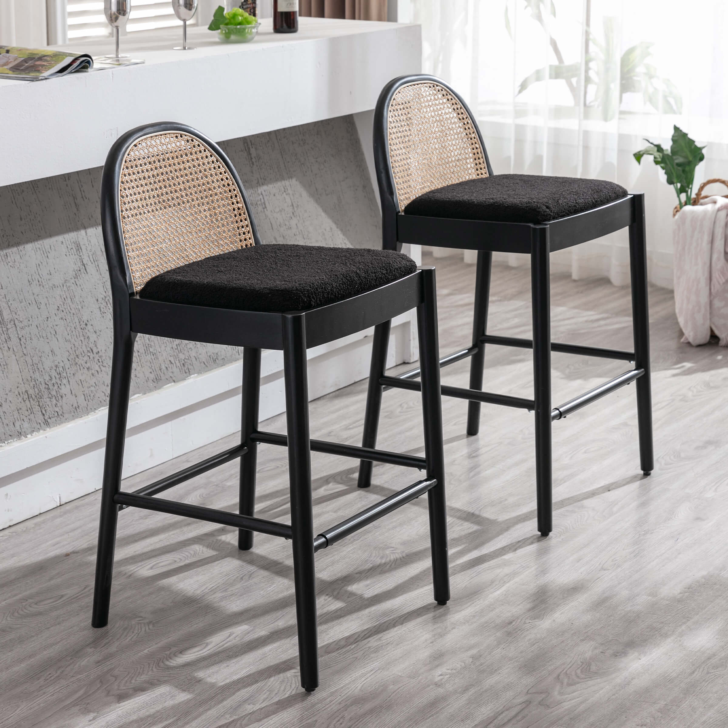 Kmax 26"H & 30"H Rattan Backrest Wooden Legs Counter Height Stools Set of 2 - 5696CS