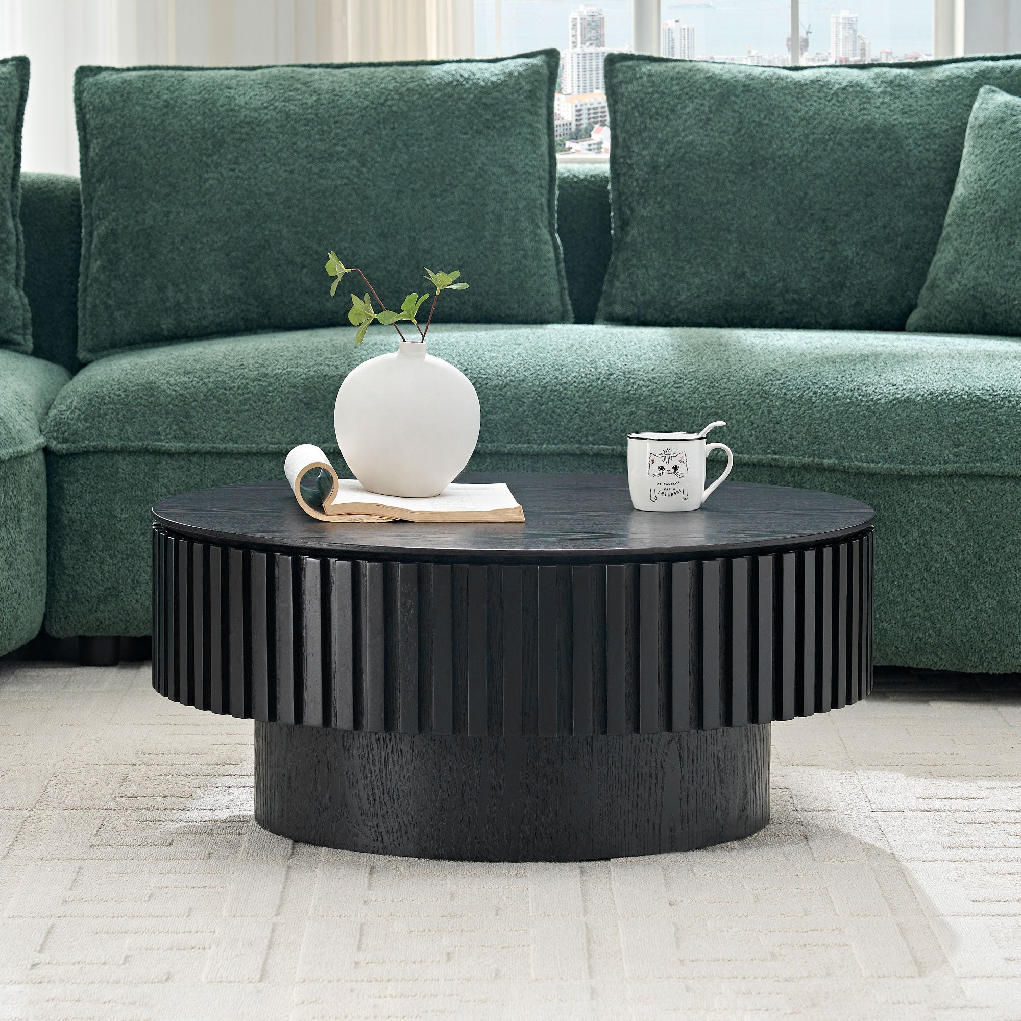 31.5" Modern Wood Coffee Table with Fluted Sides & Storage