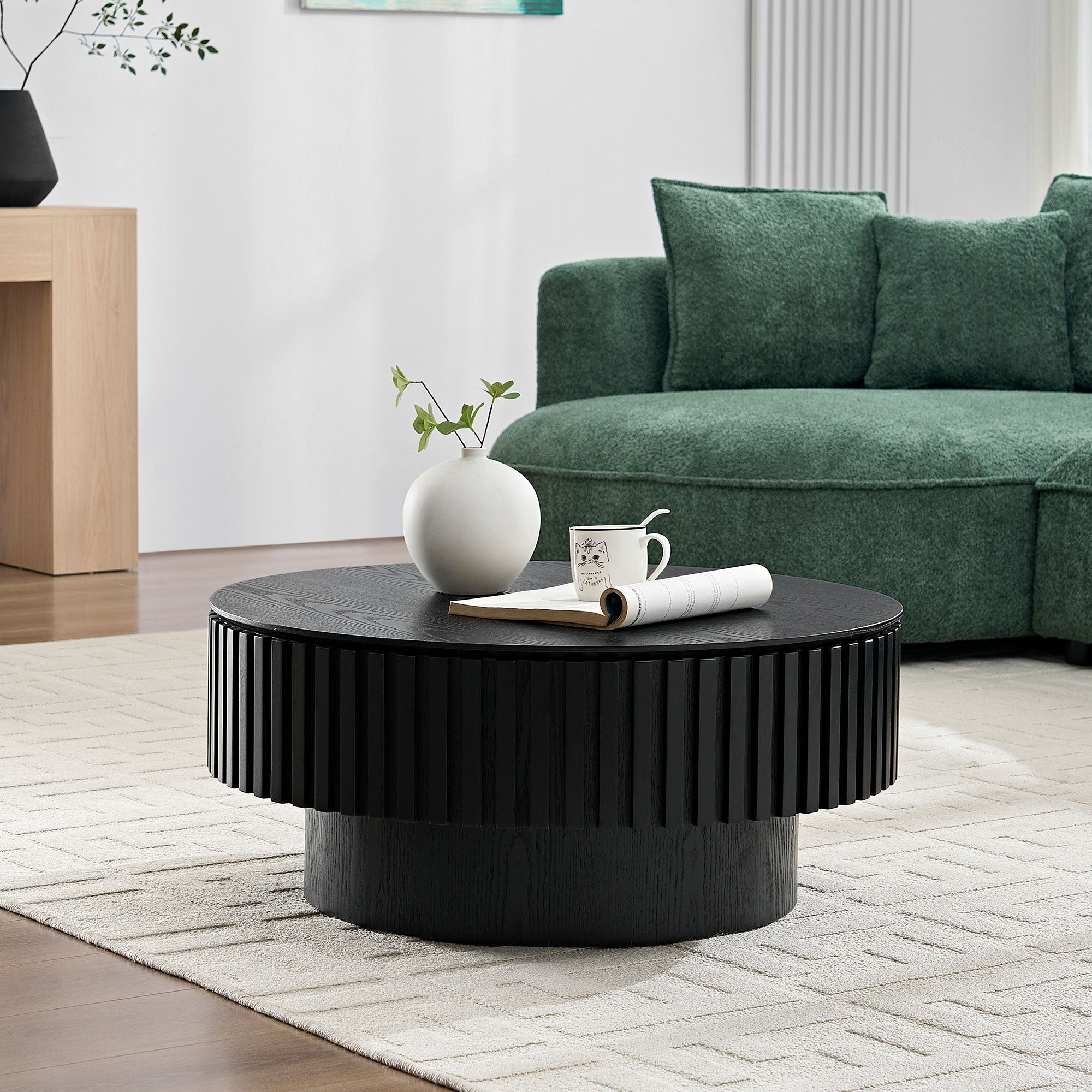 31.5" Modern Wood Coffee Table with Fluted Sides & Storage