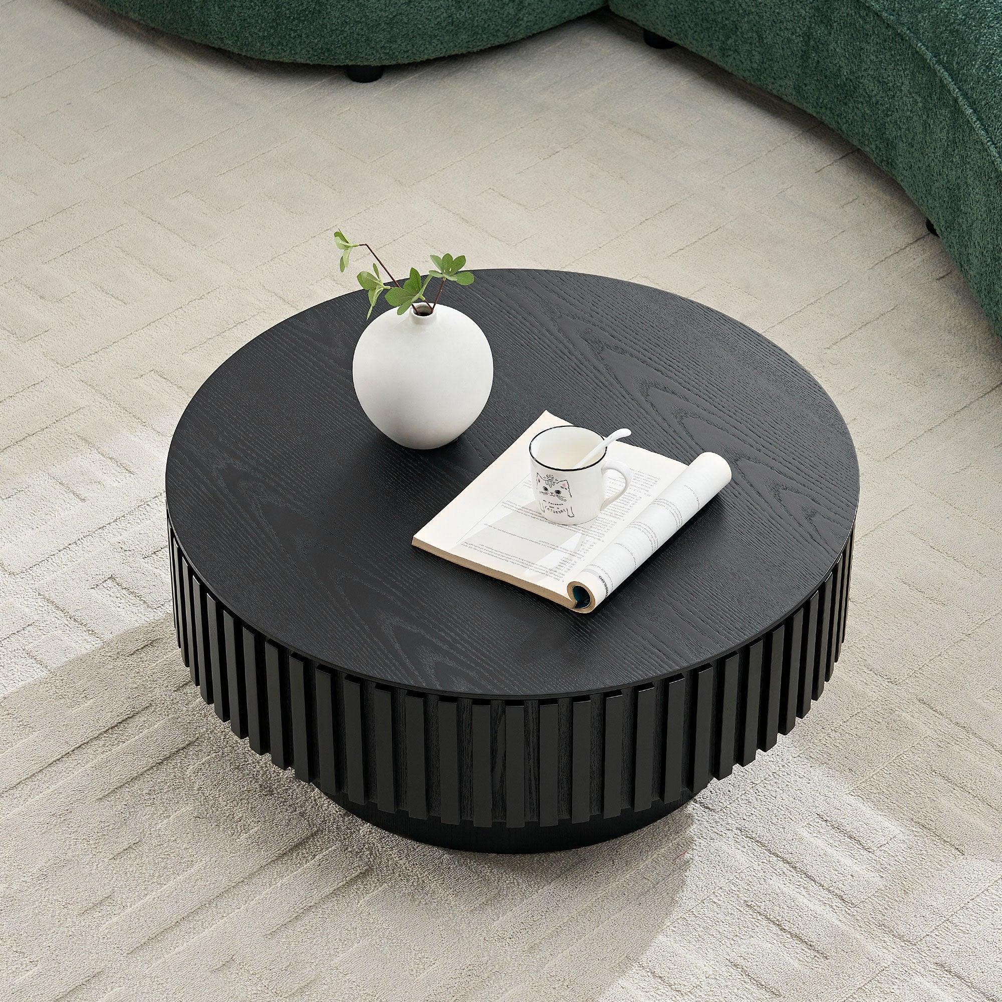 31.5" Modern Wood Coffee Table with Fluted Sides & Storage