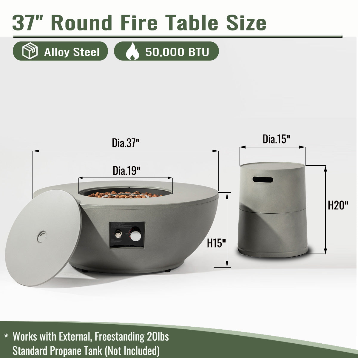 37" Grey Round Propane Fire Pit with Tank Cover