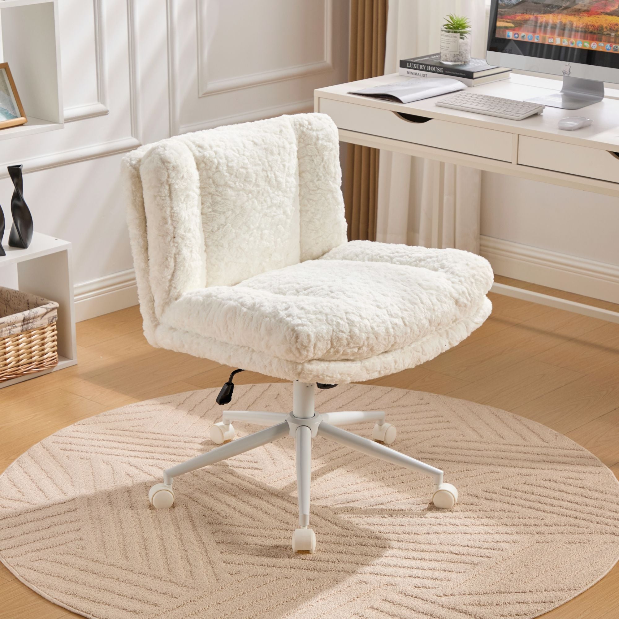 Modern Cream Faux Fur Swivel Office Chair