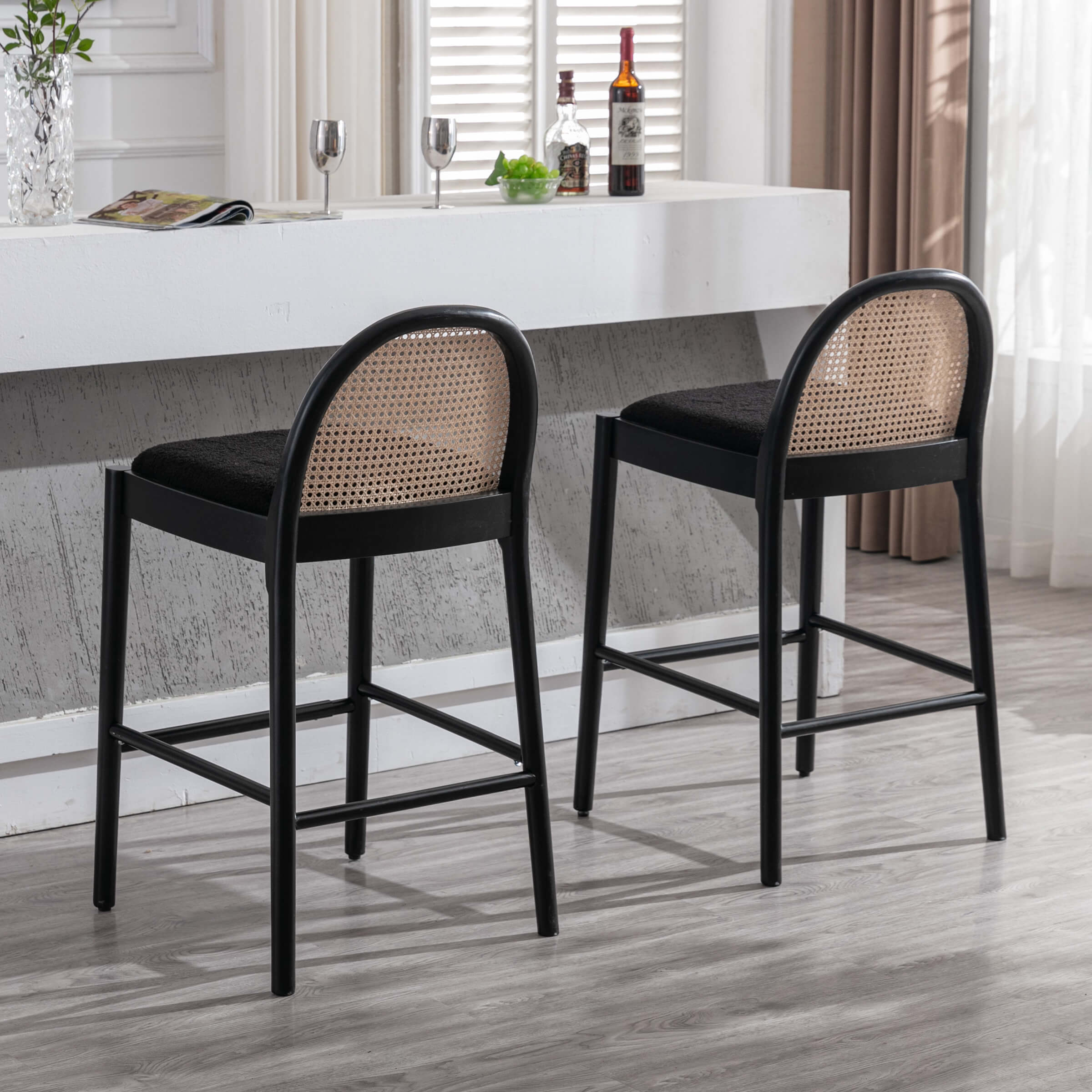 Kmax 26"H & 30"H Rattan Backrest Wooden Legs Counter Height Stools Set of 2 - 5696CS