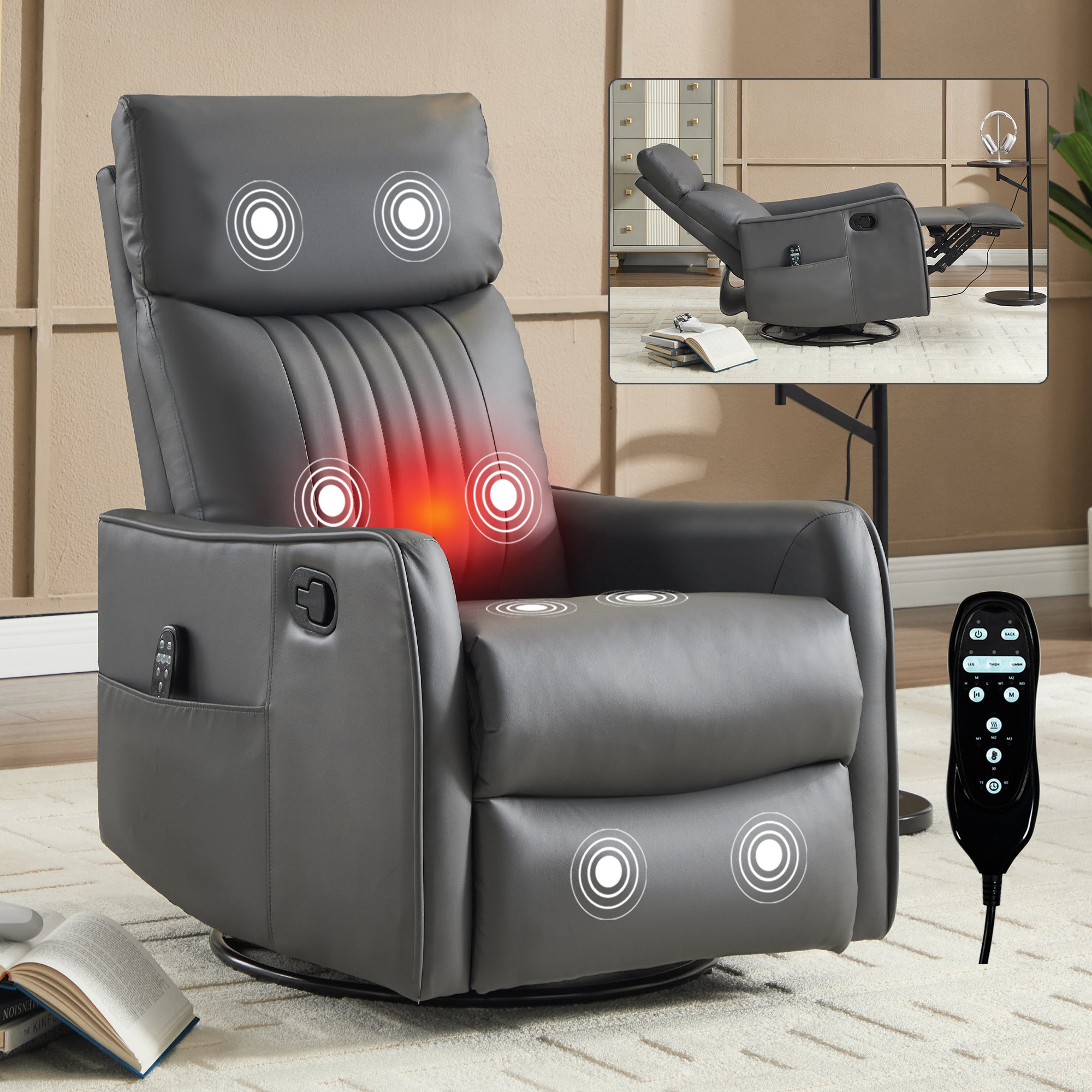 Black Faux Leather Manual Swivel Rocker Massage Heat Recliner Chair