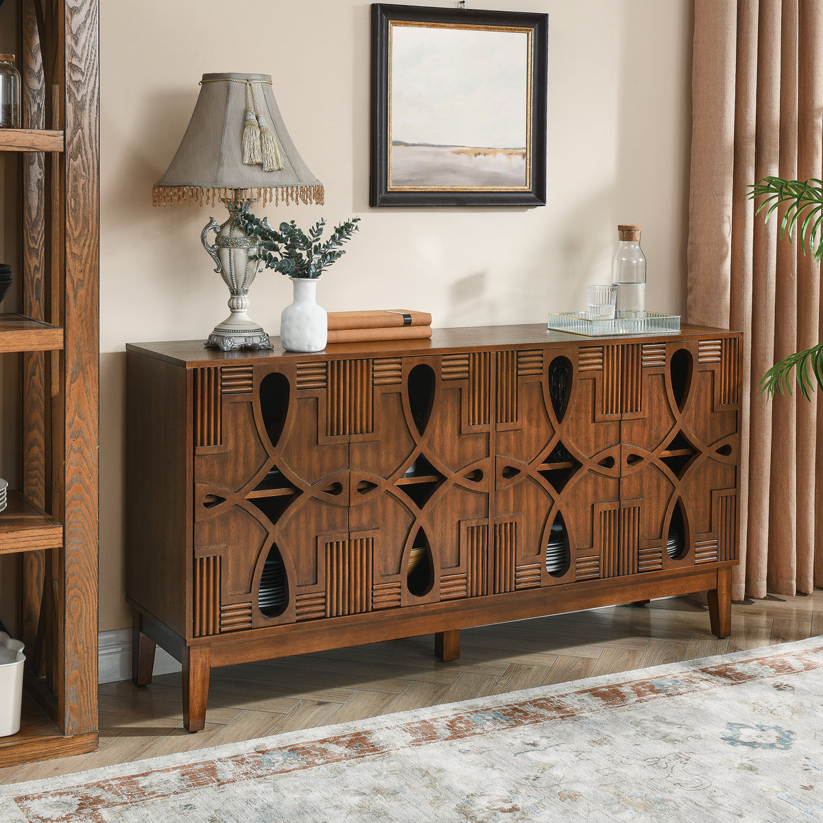 61" Walnut Sideboard Buffet Cabinet with 4 Doors