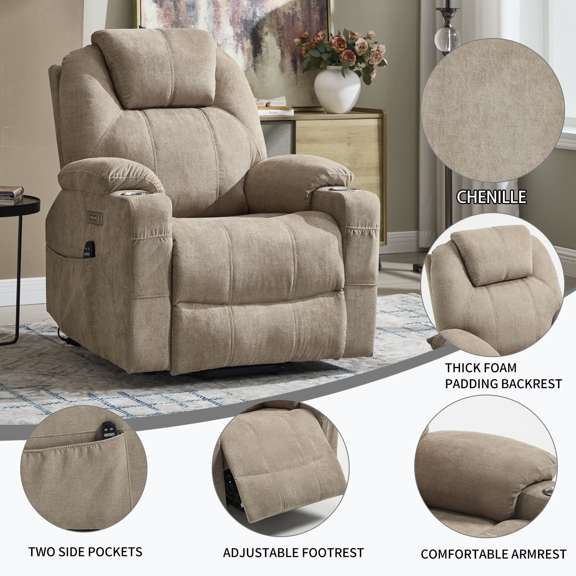 Power Lift Electric Massage Heat USB Recliner Chair