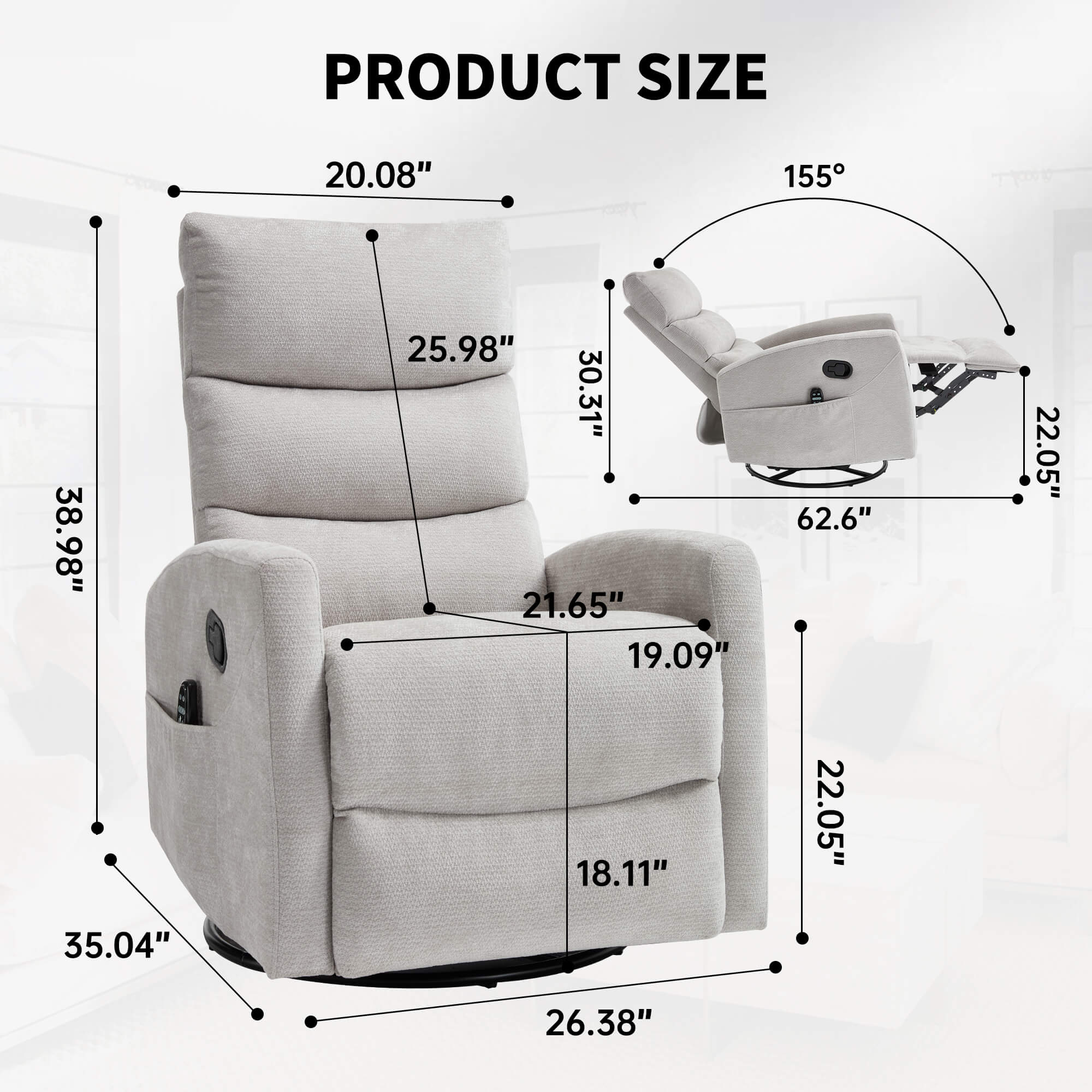 Modern Chenille Heat Massage Rocker Swivel Recliner Chair