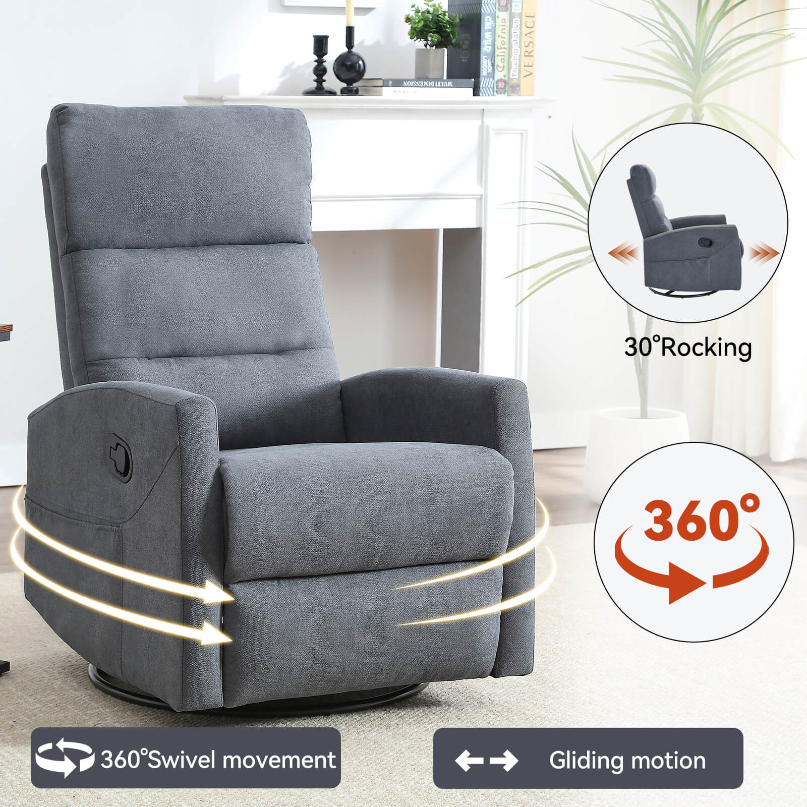 Modern Polyester Fabric Manual 360 Swivel Rocker Recliner Chair