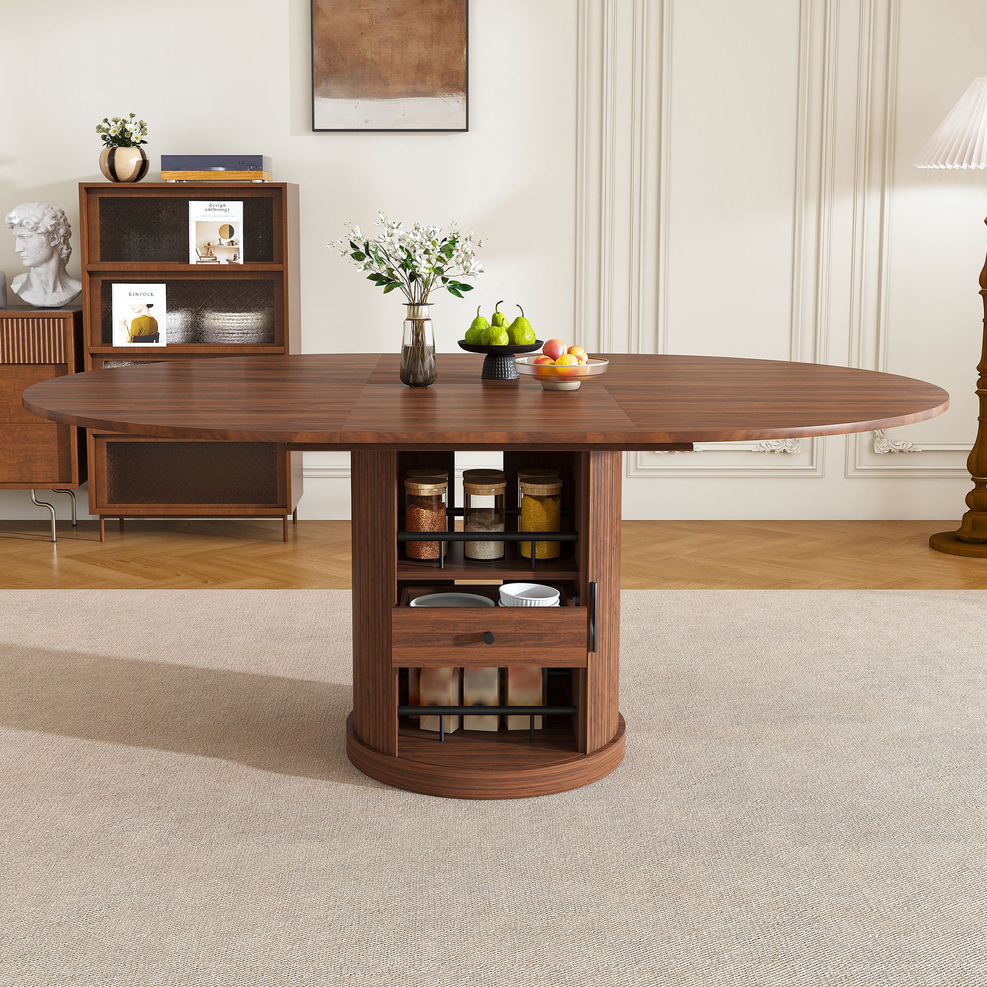 Oval Extendable Dining Table for 4 to 6 with 2 Tier Storage Shelf