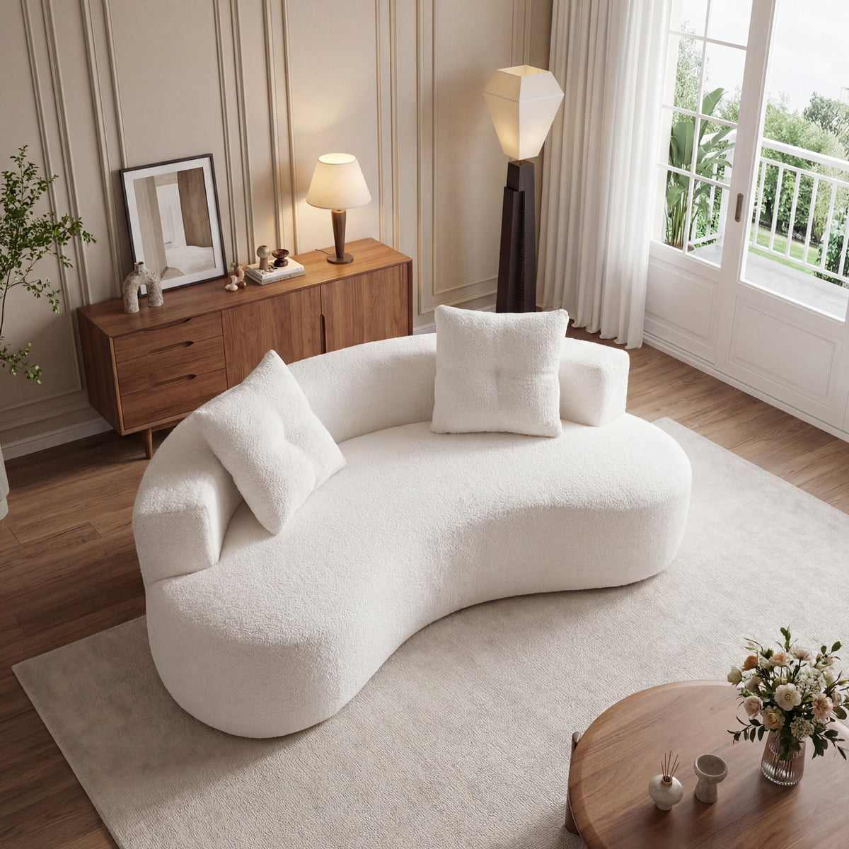 80" Fur Boneless Floor Boucle Cloud Sofa with 2 Pillows
