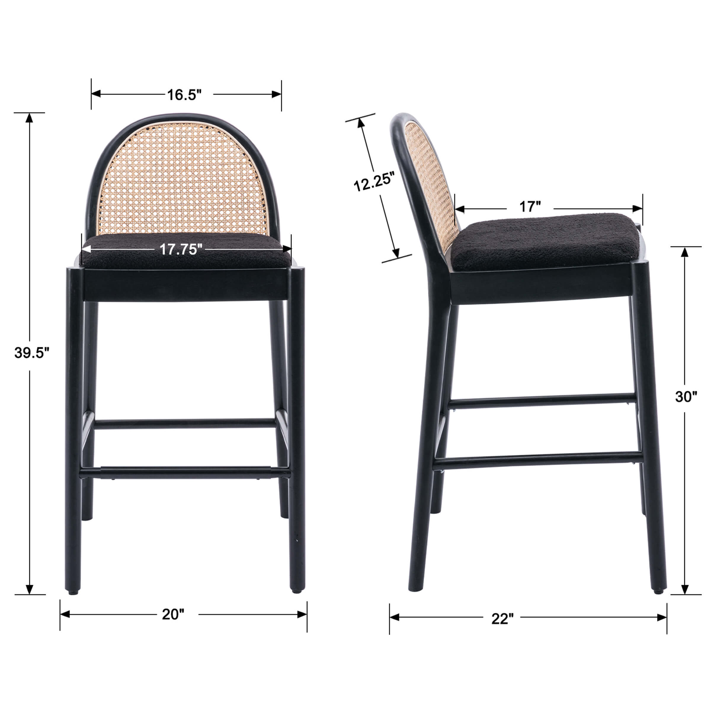 Kmax 26"H & 30"H Rattan Backrest Wooden Legs Counter Height Stools Set of 2 - 5696CS