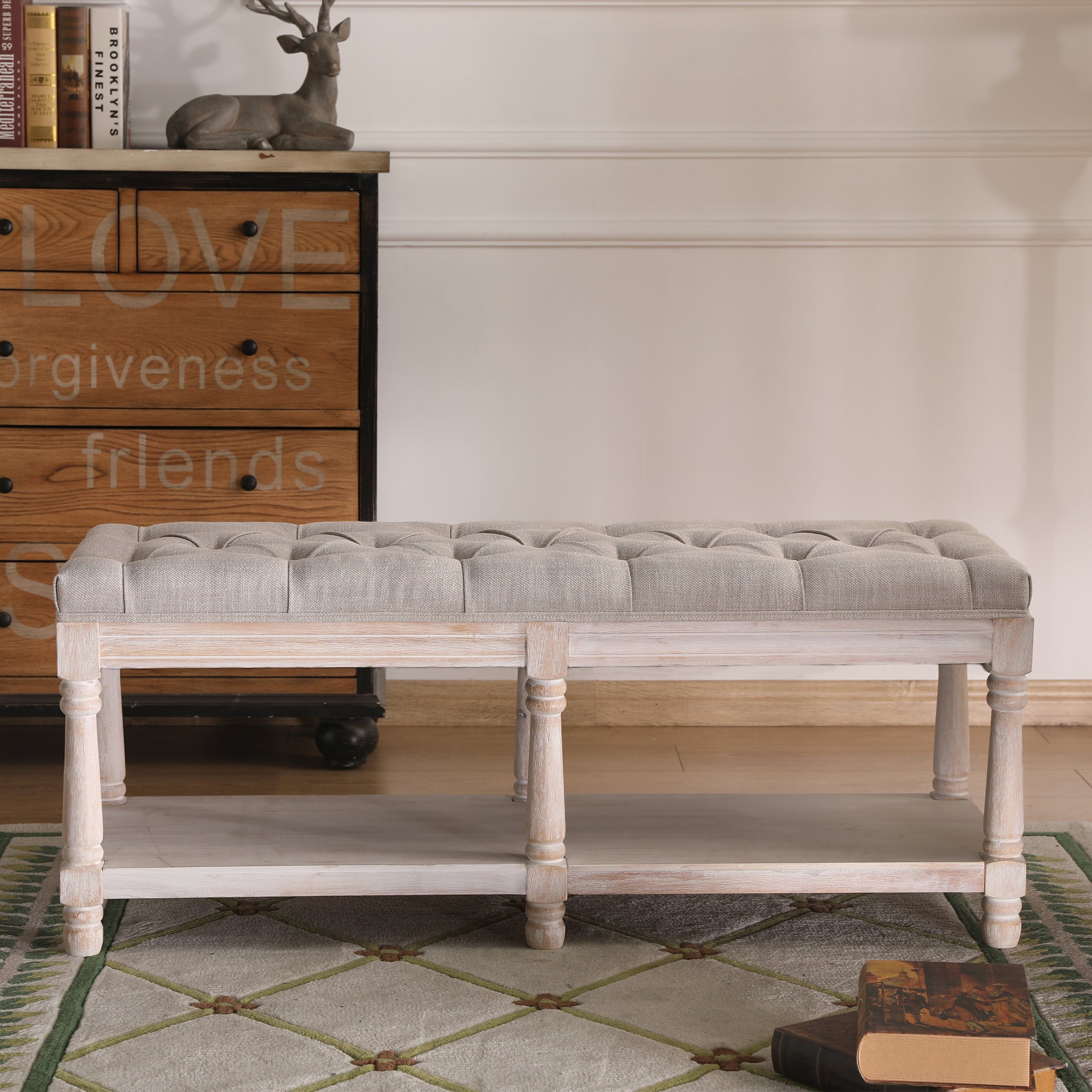 Janoray Mid Century Tufted Linen Upholstered Storage Bench - 2204BH