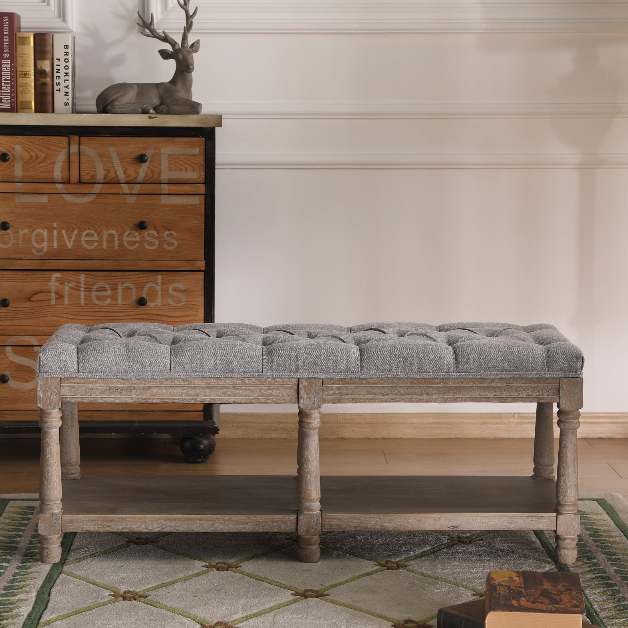 Janoray Mid Century Tufted Linen Upholstered Storage Bench - 2204BH