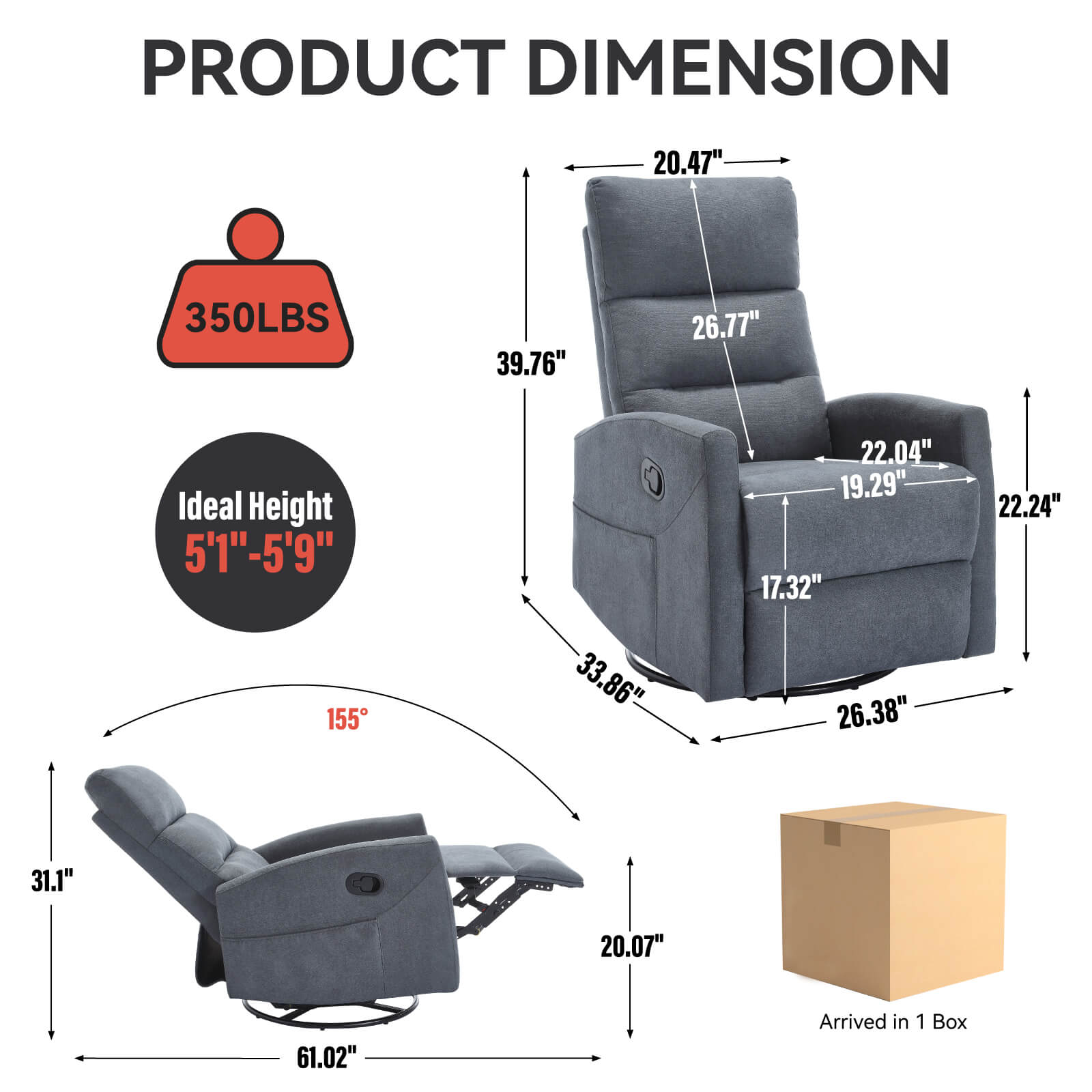 Modern Polyester Fabric Manual 360 Swivel Rocker Recliner Chair