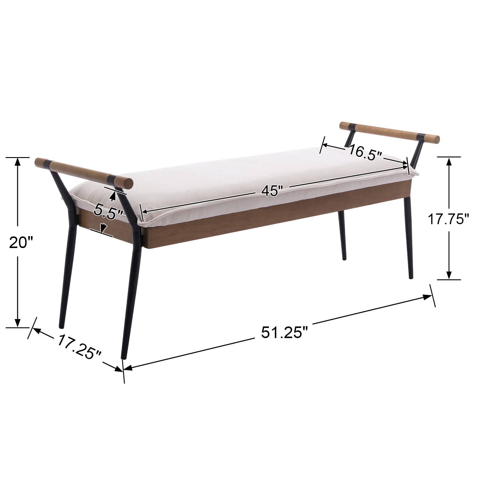 ROCITY Rectangle Metal Legs Bench with Arms - 2465BH