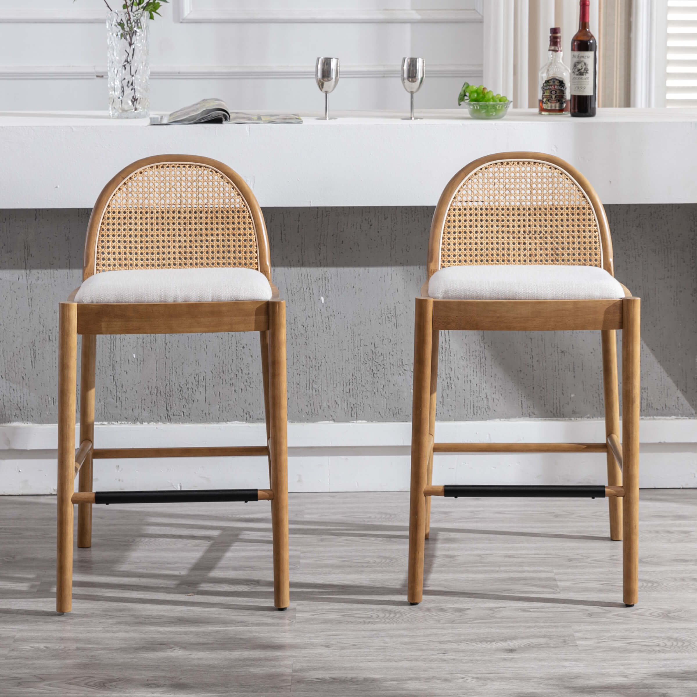 Kmax 26"H & 30"H Rattan Backrest Wooden Legs Counter Height Stools Set of 2 - 5696CS