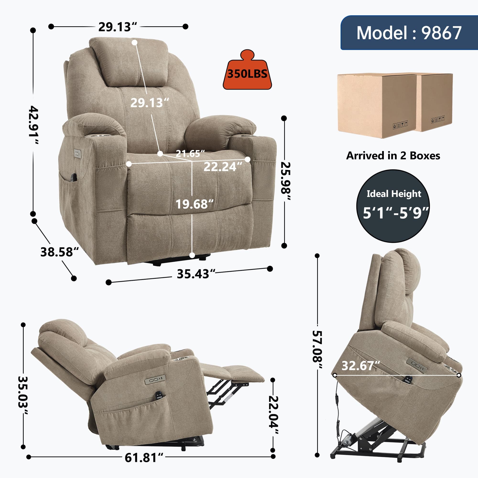 Power Lift Electric Massage Heat USB Recliner Chair