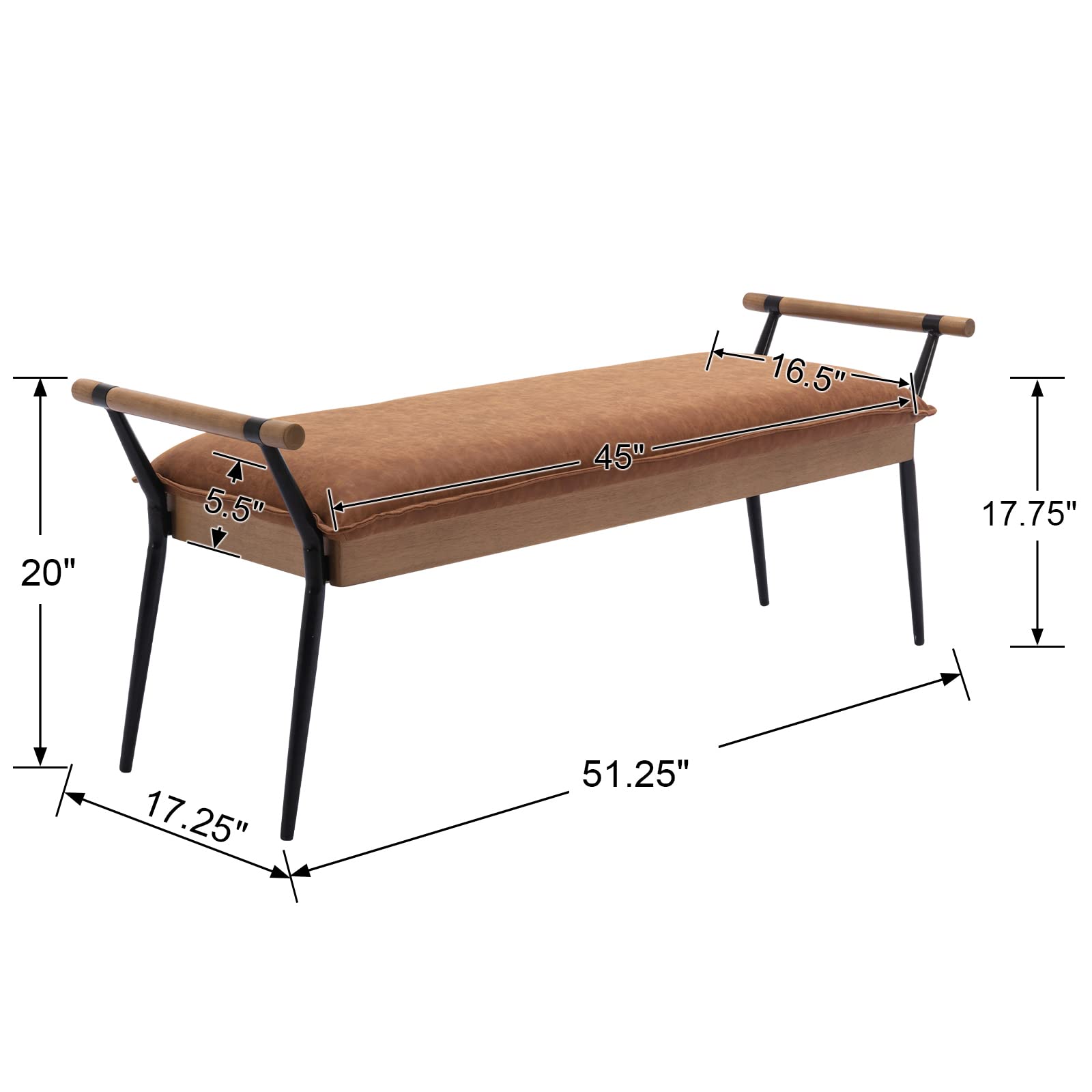 ROCITY Rectangle Metal Legs Bench with Arms - 2465BH