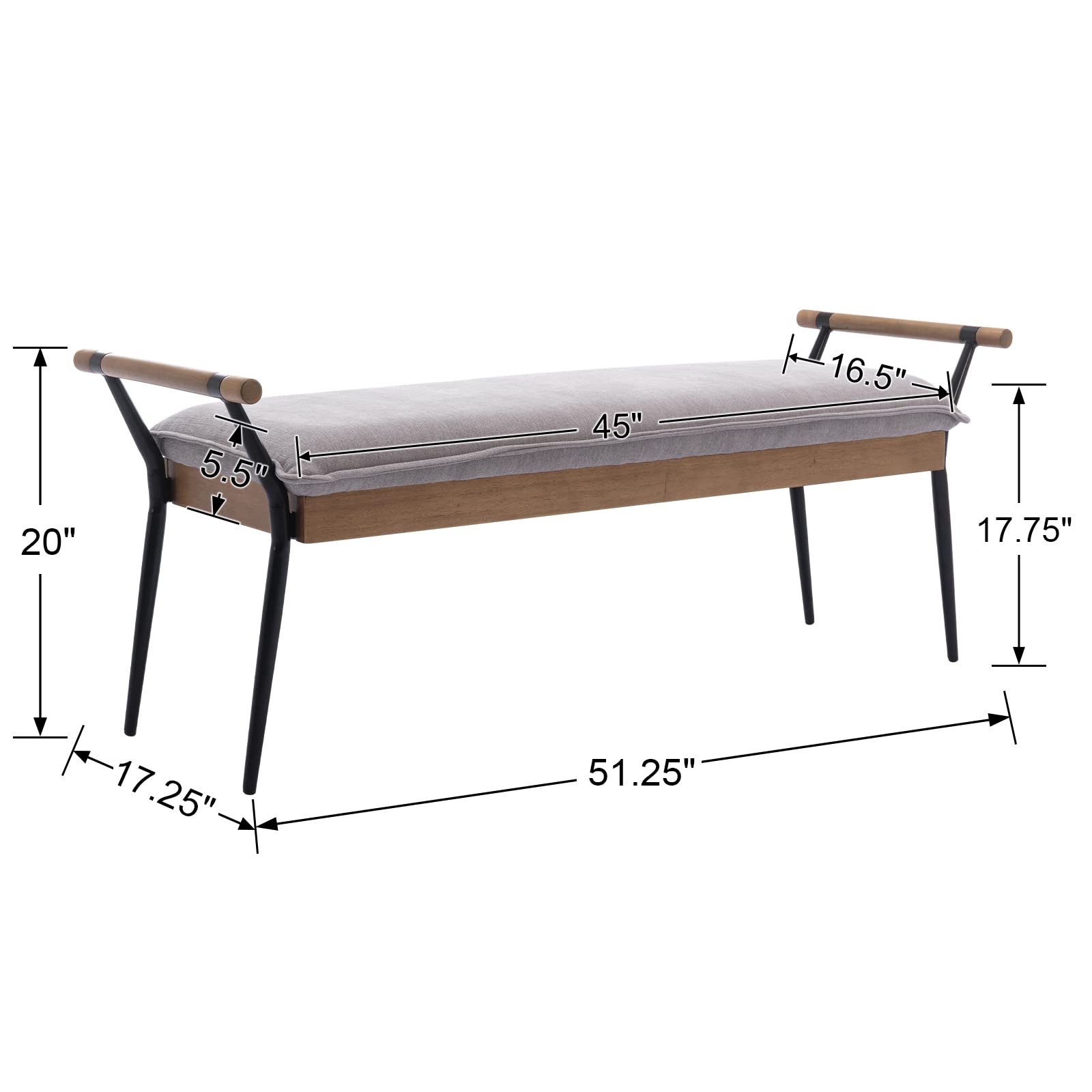 ROCITY Rectangle Metal Legs Bench with Arms - 2465BH