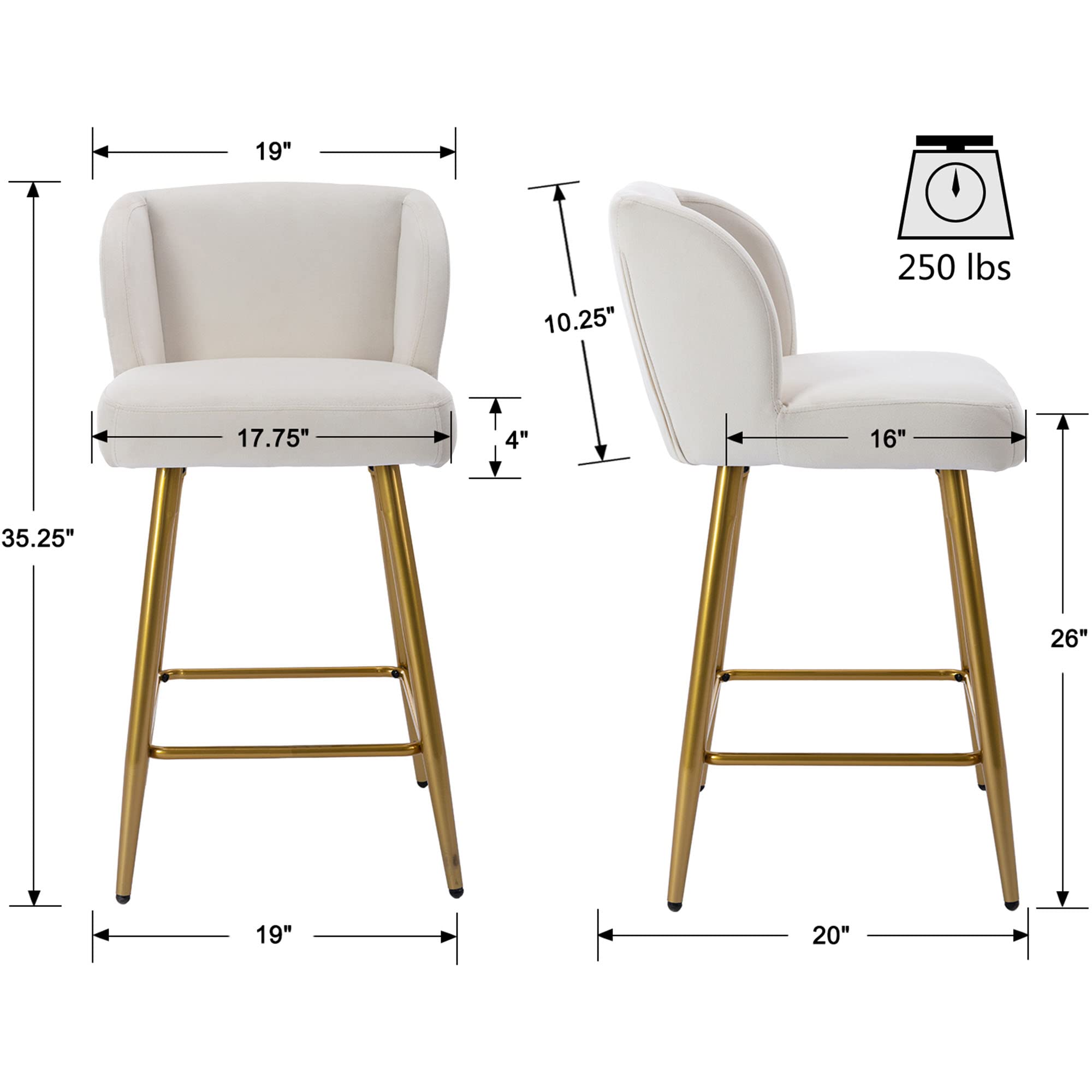 VESCASA 26"H Modern Back Metal Legs Counter Bar Stools Set of 2 - 2305