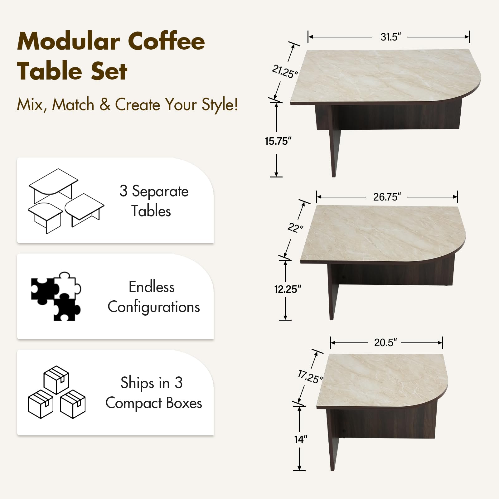 CIMOTA Modern 3-Piece Faux Marble Coffee Tables Set - 00144CT