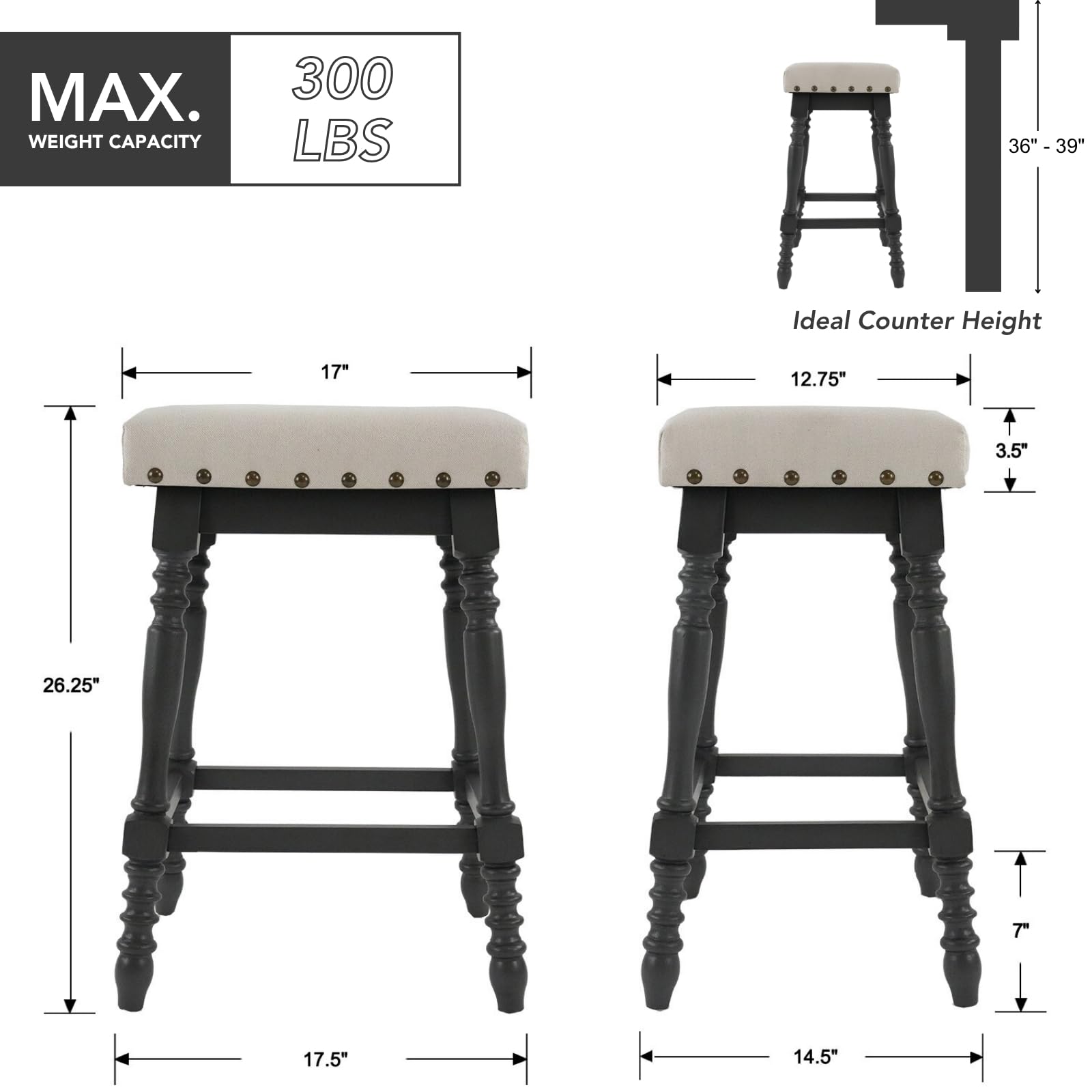 ROCITY Wooden Backless Counter Height Stools with Nailhead Trim Set of 2 - 6093CS