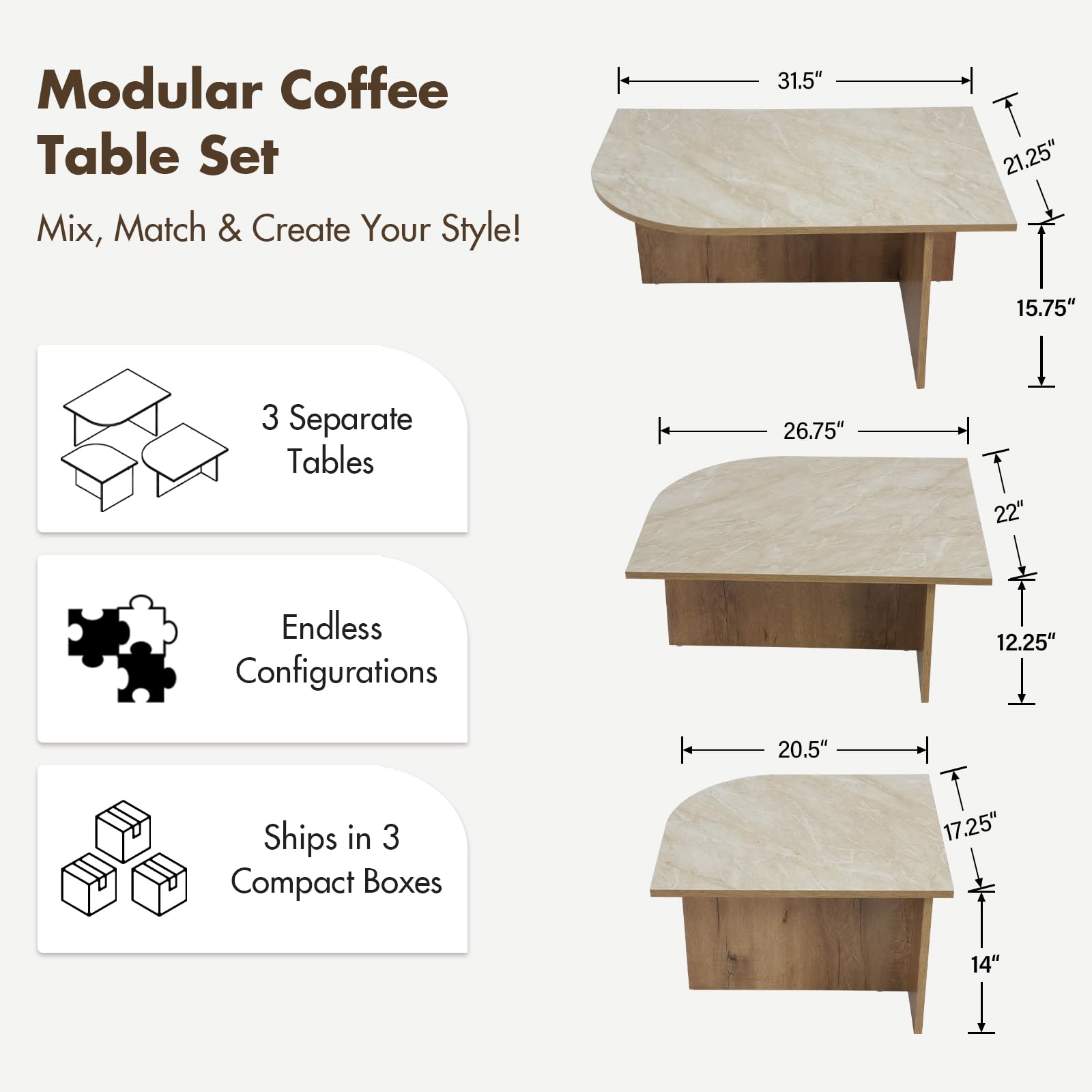 CIMOTA Modern 3-Piece Faux Marble Coffee Tables Set - 00144CT