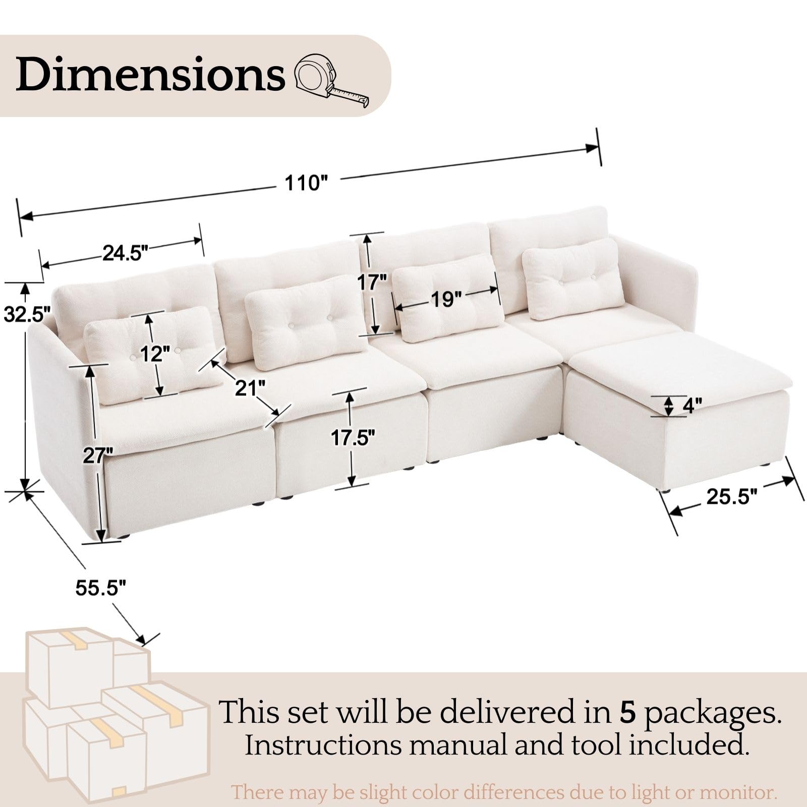 VESCASA Chenille 56.5" Modular Sectional Sofa with Waist Pillow - 90041SF