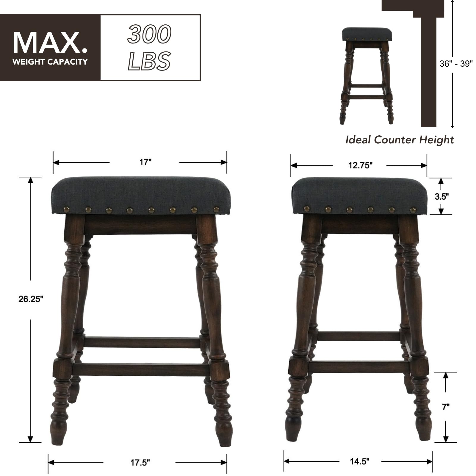 ROCITY Wooden Backless Counter Height Stools with Nailhead Trim Set of 2 - 6093CS