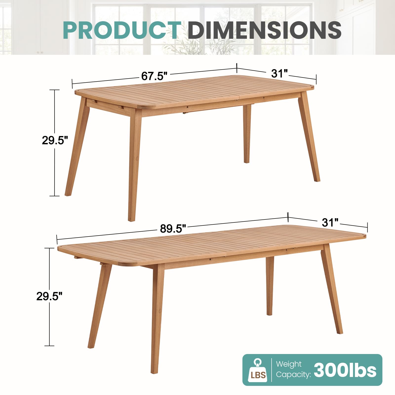 Extendable Solid Wood Farmhouse Outdoor Patio Dining Table for 6 to 8