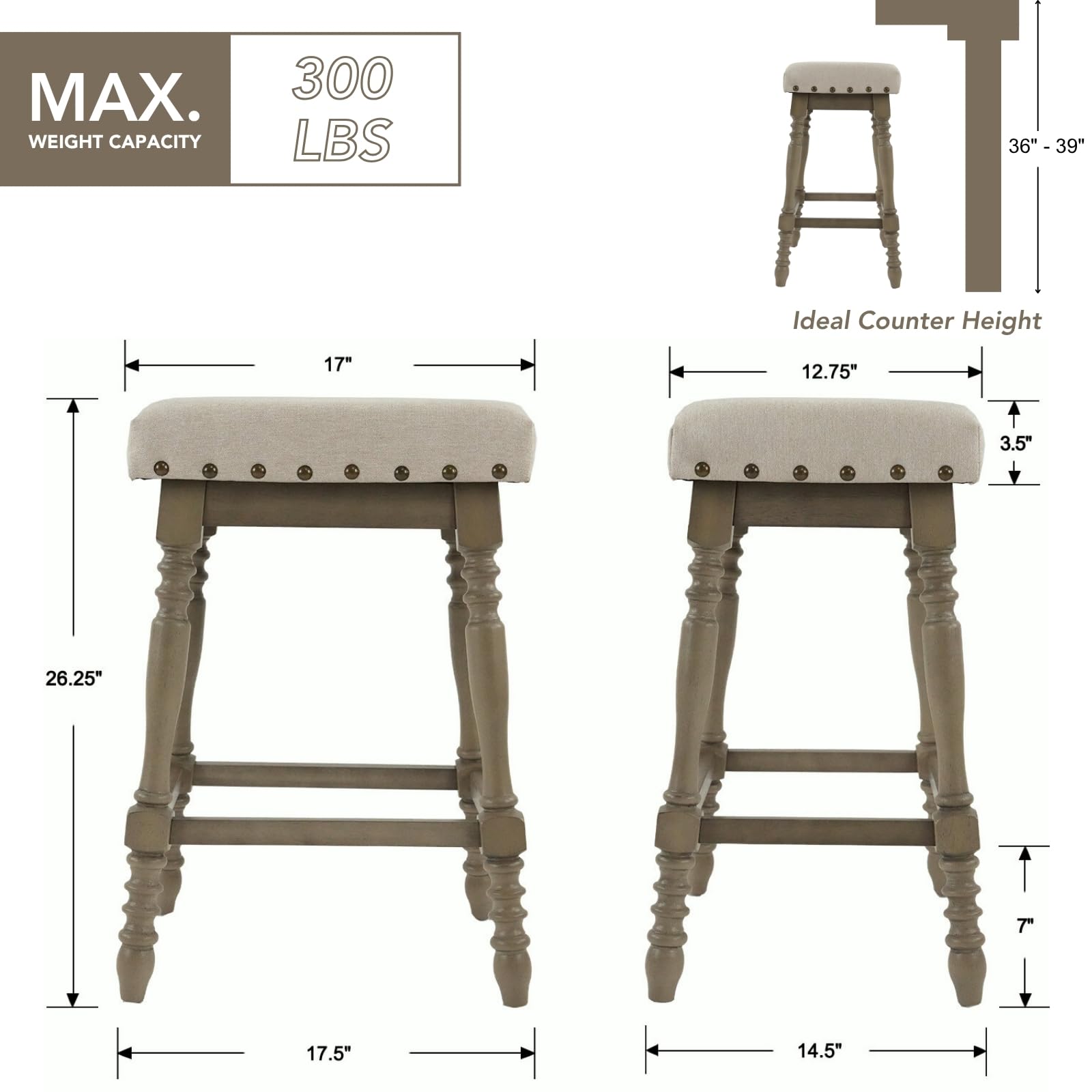 ROCITY Wooden Backless Counter Height Stools with Nailhead Trim Set of 2 - 6093CS