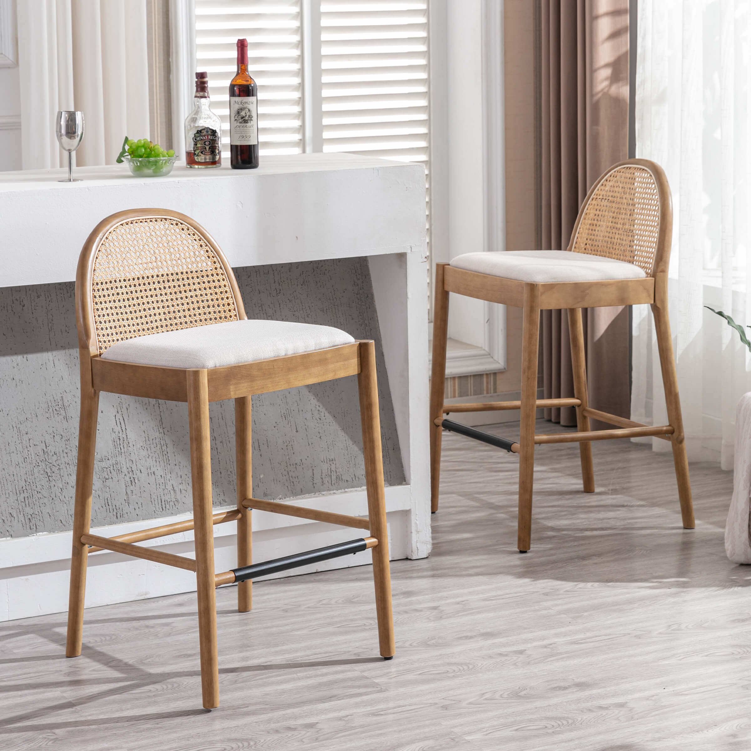 Kmax 26"H & 30"H Rattan Backrest Wooden Legs Counter Height Stools Set of 2 - 5696CS