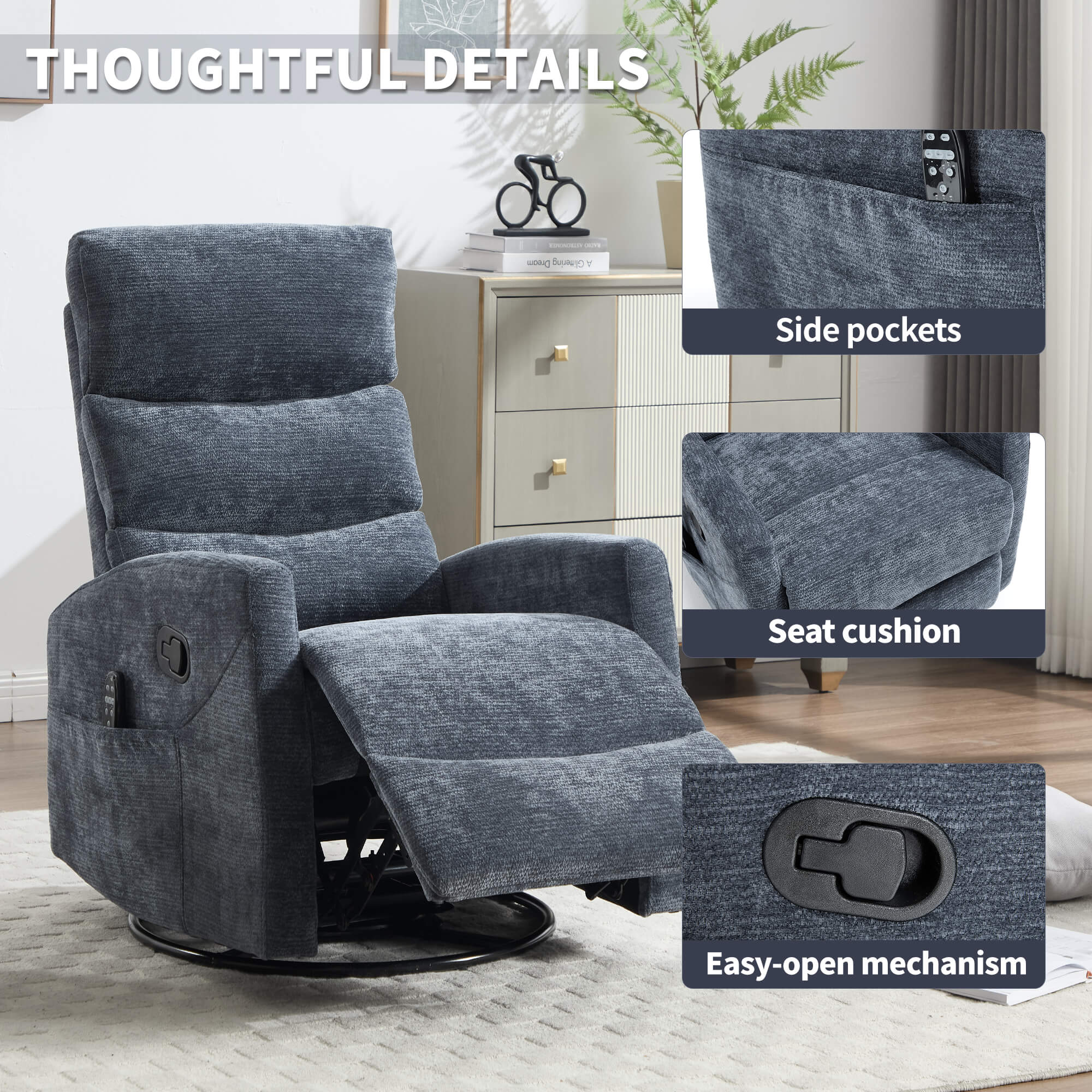 Modern Chenille Heat Massage Rocker Swivel Recliner Chair