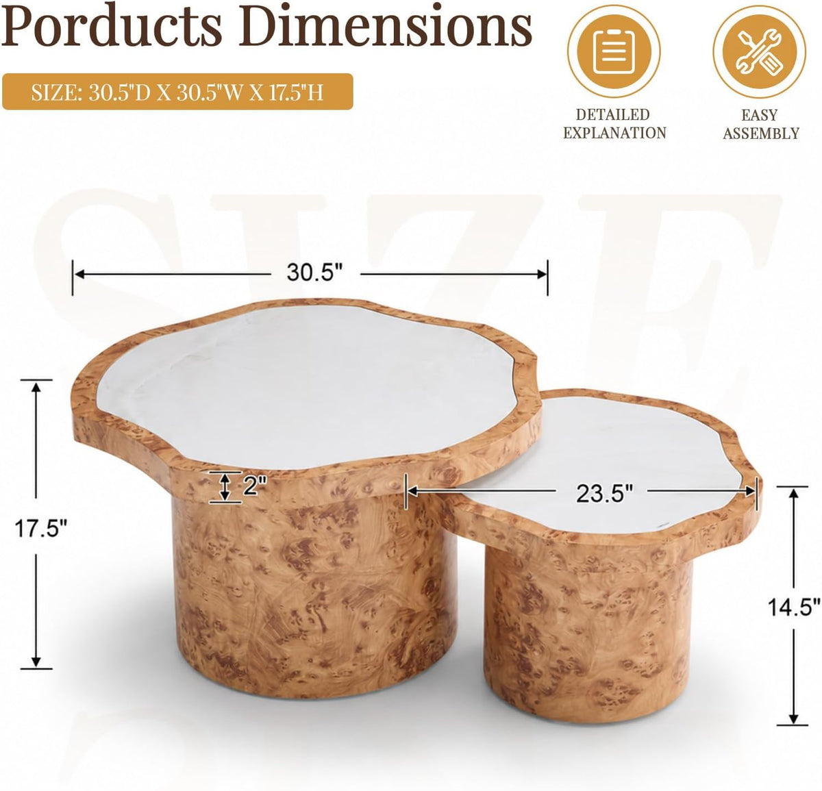 31" Nesting Coffee Table Set of 2 Modern Cloud Wood Center Tables