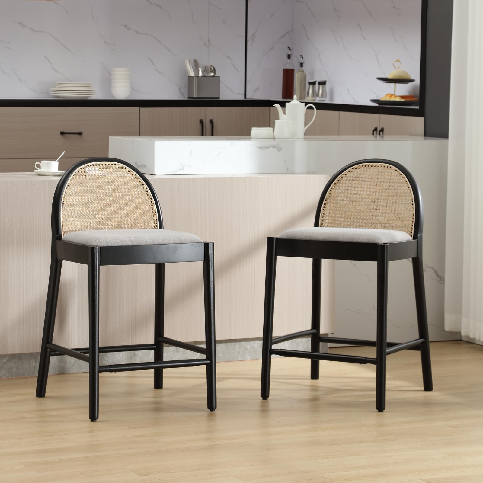 Kmax 26"H & 30"H Rattan Backrest Wooden Legs Counter Height Stools Set of 2 - 5696CS