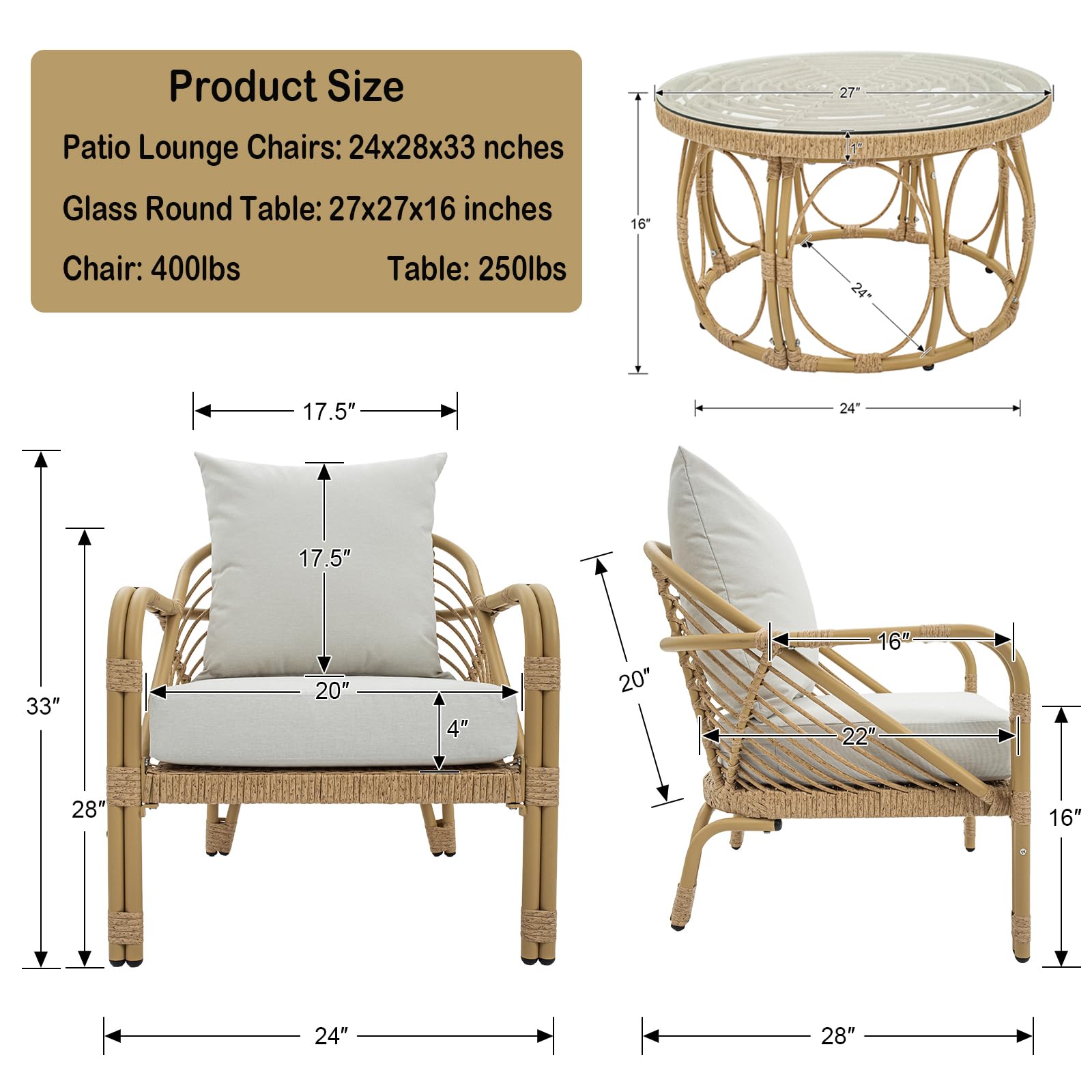 Patio Rope Chairs Set with Storage Table 3 PCS - 25012SE