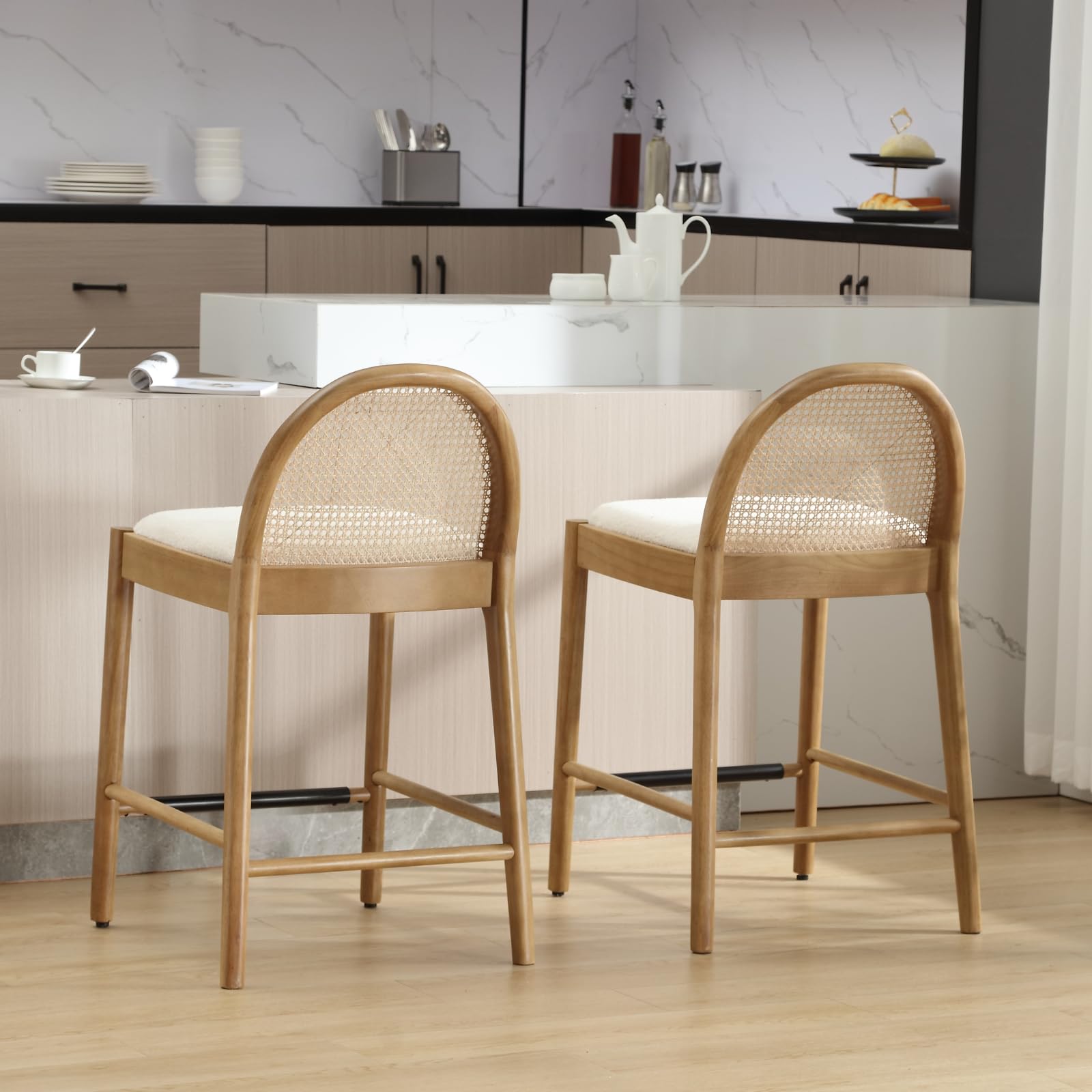 Kmax 26"H & 30"H Rattan Backrest Wooden Legs Counter Height Stools Set of 2 - 5696CS