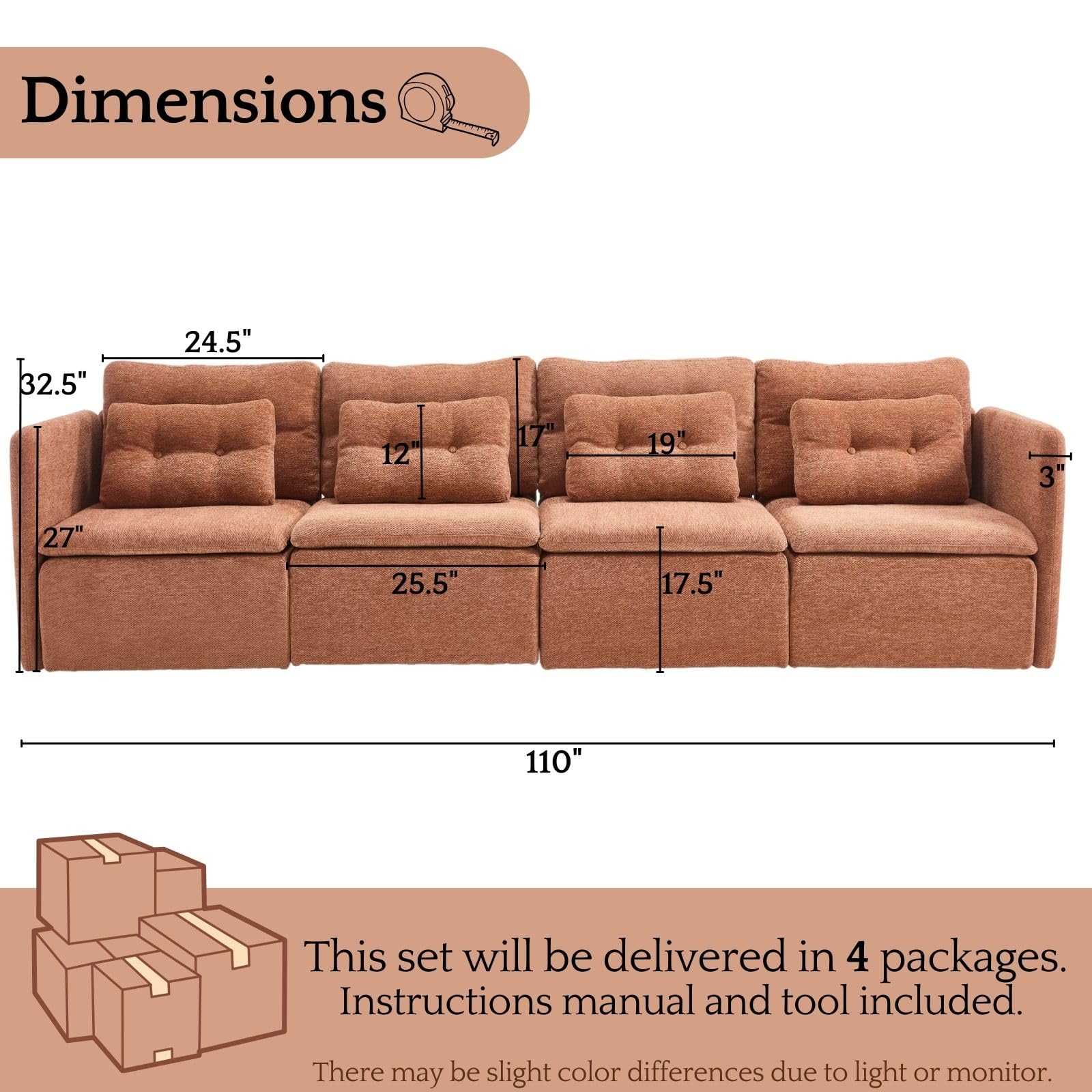 VESCASA Chenille 56.5" Modular Sectional Sofa with Waist Pillow - 90041SF